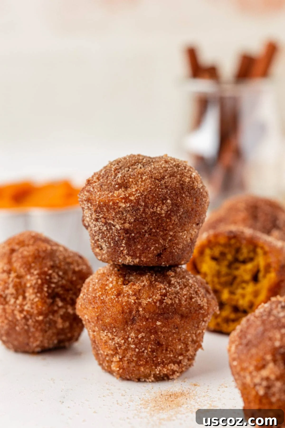 fluffy pumpkin donut mini muffins on a cooling rack