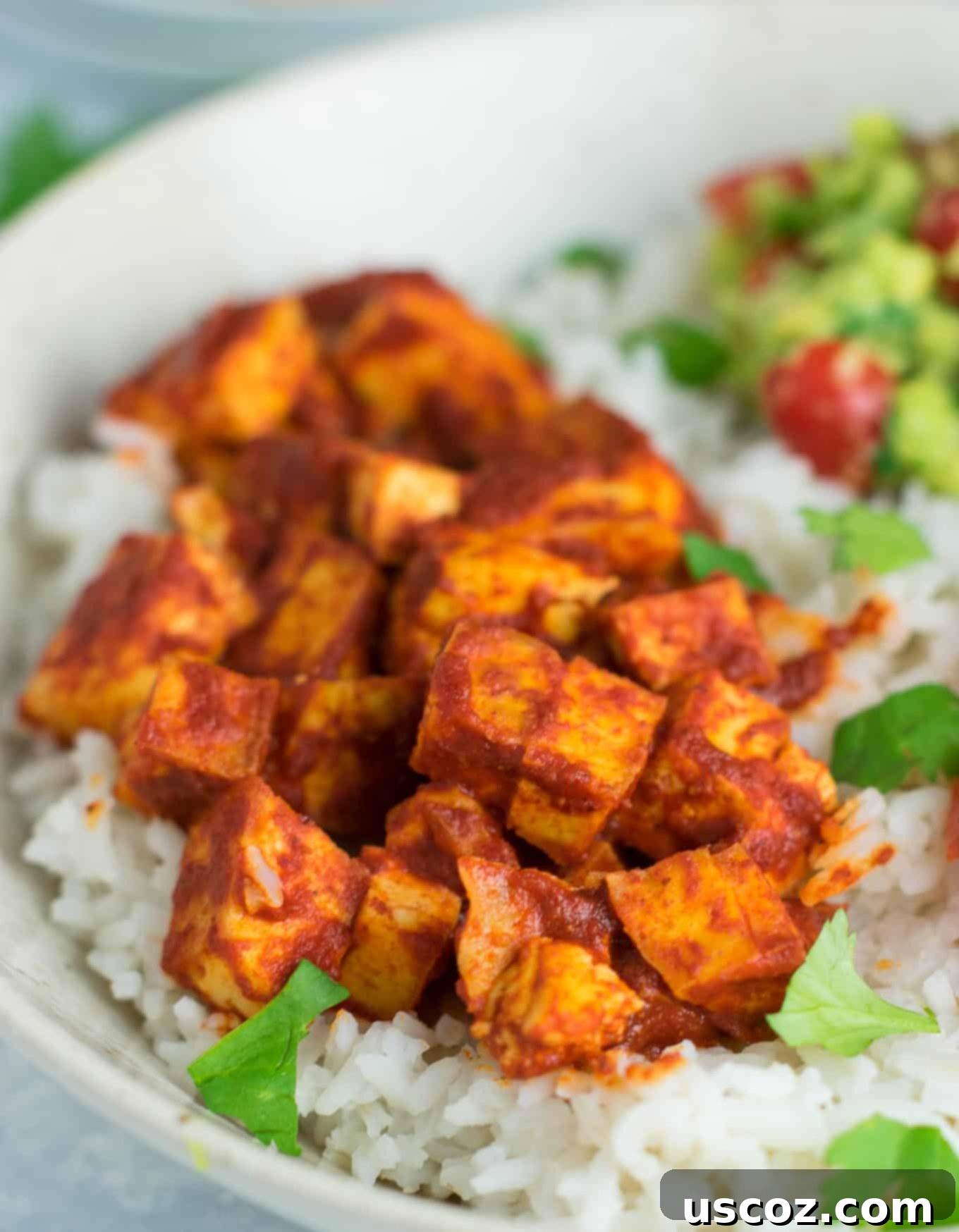 Effortless Enchilada Tofu Burrito Bowls 8 Easy enchilada tofu burrito bowls with homemade guacamole and salsa. Bring chipotle to your kitchen with this delicious recipe! #vegan #burritobowls #tofuburritobowls