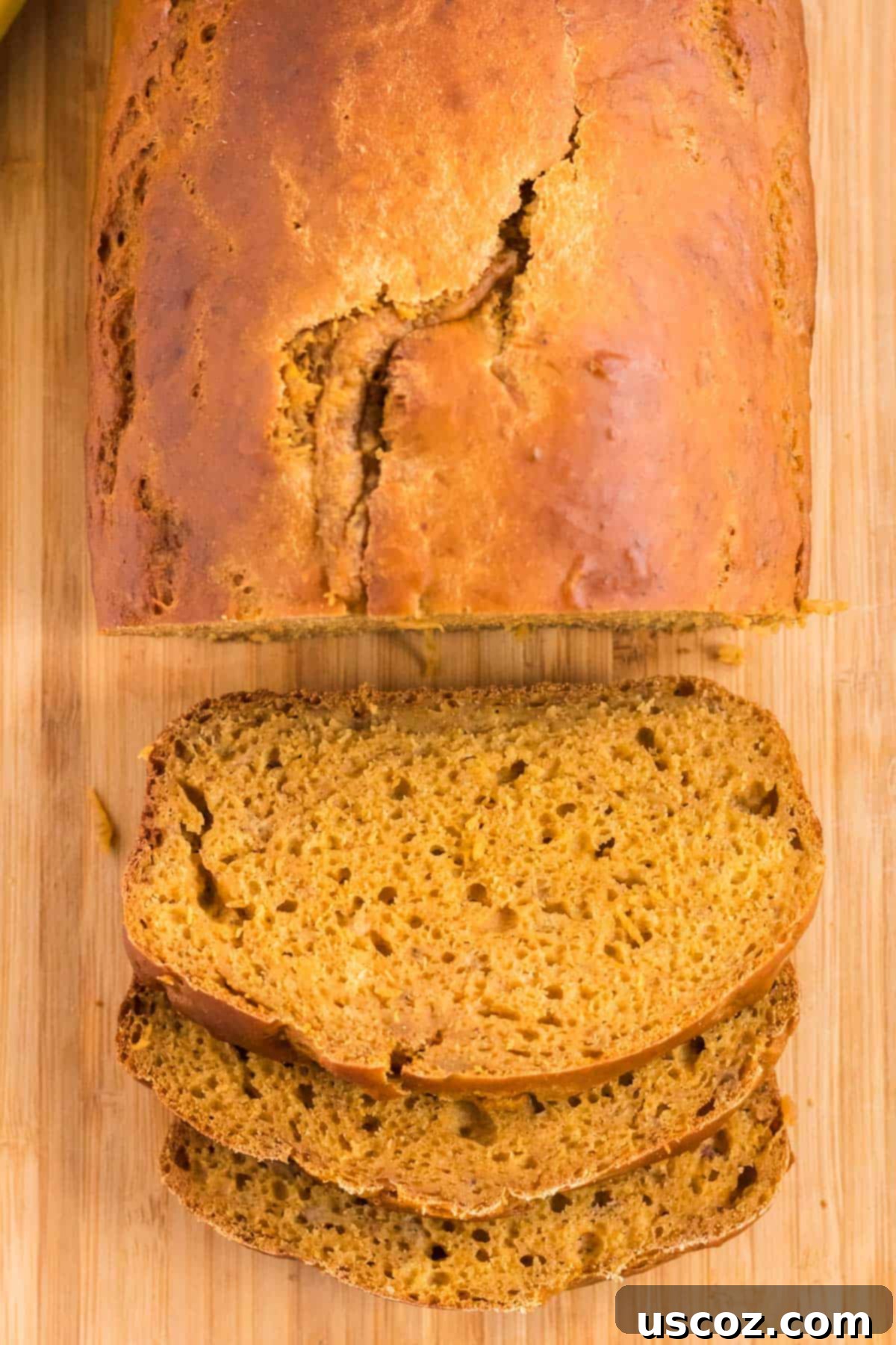 Wholesome Spiced Pumpkin and Banana Bread 2 Slices of healthy pumpkin banana bread cooling on a wire rack.
