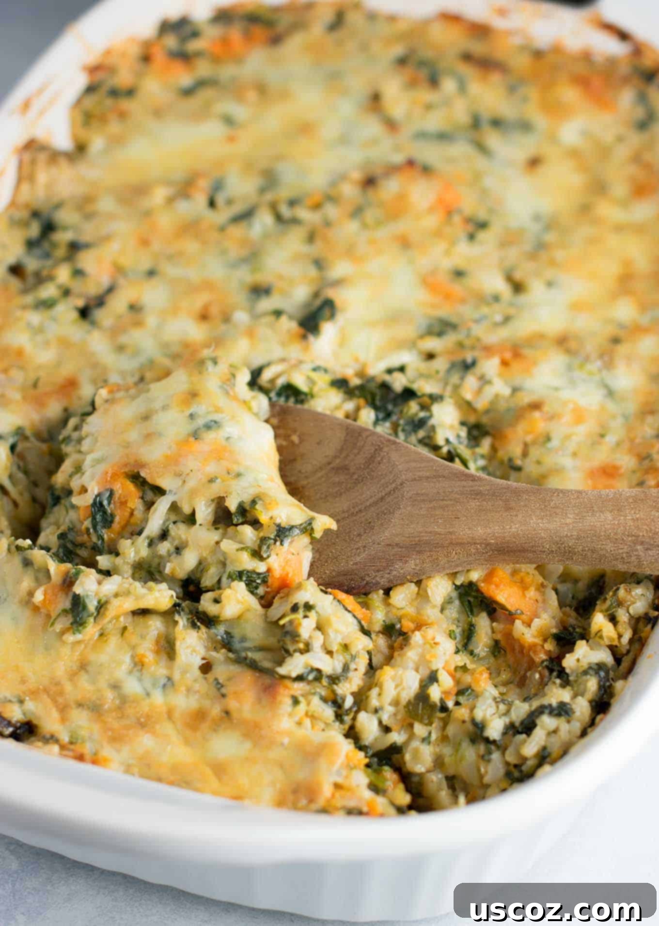 Sweet Potato Brown Rice Casserole made with greek yogurt, mushrooms, spinach, mozzarella, parmesan, and cheddar cheese - a hearty vegetarian comfort food recipe. No cream of anything soup! #casserole #vegetarian #sweetpotatobrownricecasserole #brownrice