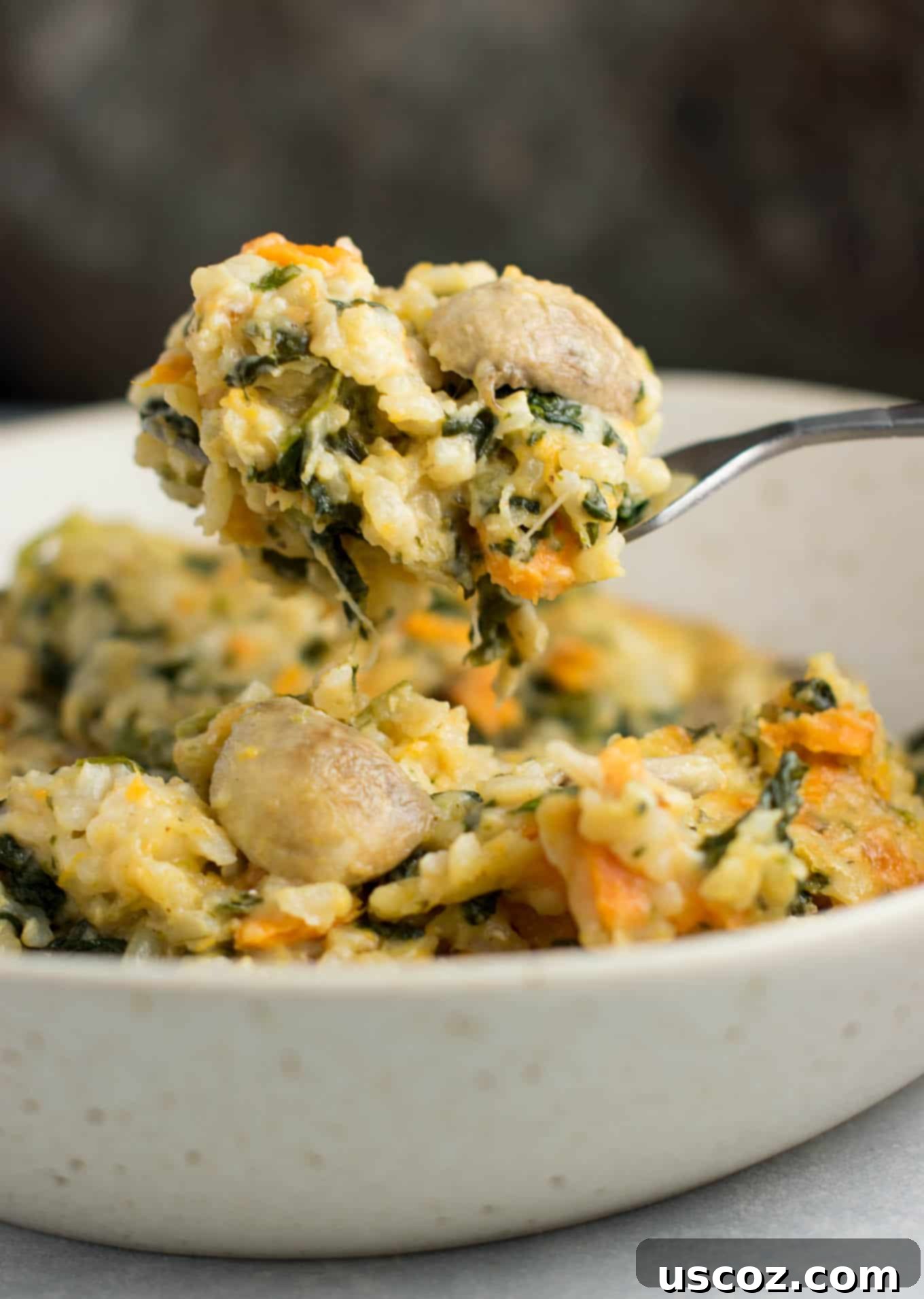 Sweet Potato Brown Rice Casserole made with greek yogurt, mushrooms, spinach, mozzarella, parmesan, and cheddar cheese - a hearty vegetarian comfort food recipe. No cream of anything soup! #casserole #vegetarian #sweetpotatobrownricecasserole #brownrice