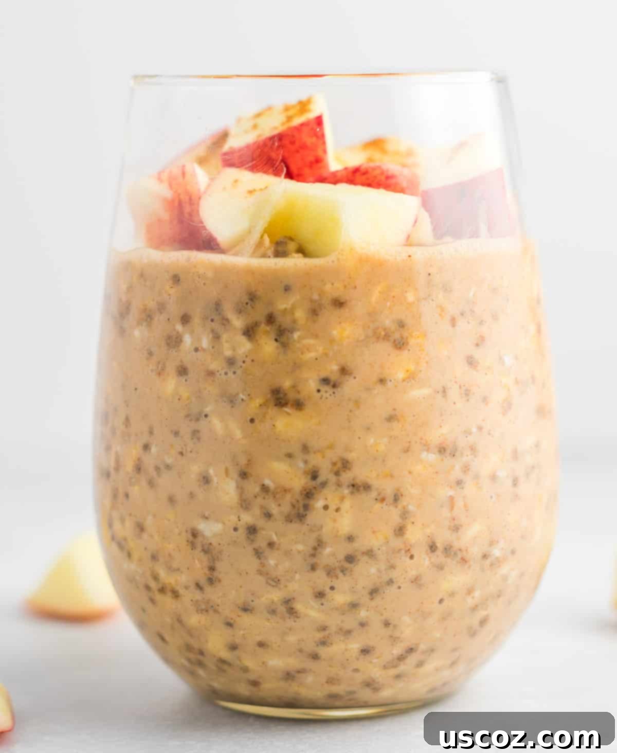 Apple Cinnamon Overnight Oats 3 Close-up of a glass jar filled with apple cinnamon overnight oats, garnished with more diced apples and a sprinkle of cinnamon, ready to be enjoyed.