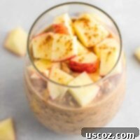Apple Cinnamon Overnight Oats 5 A glass jar filled with creamy apple cinnamon overnight oats, topped generously with diced fresh red apples and a sprinkle of cinnamon powder.