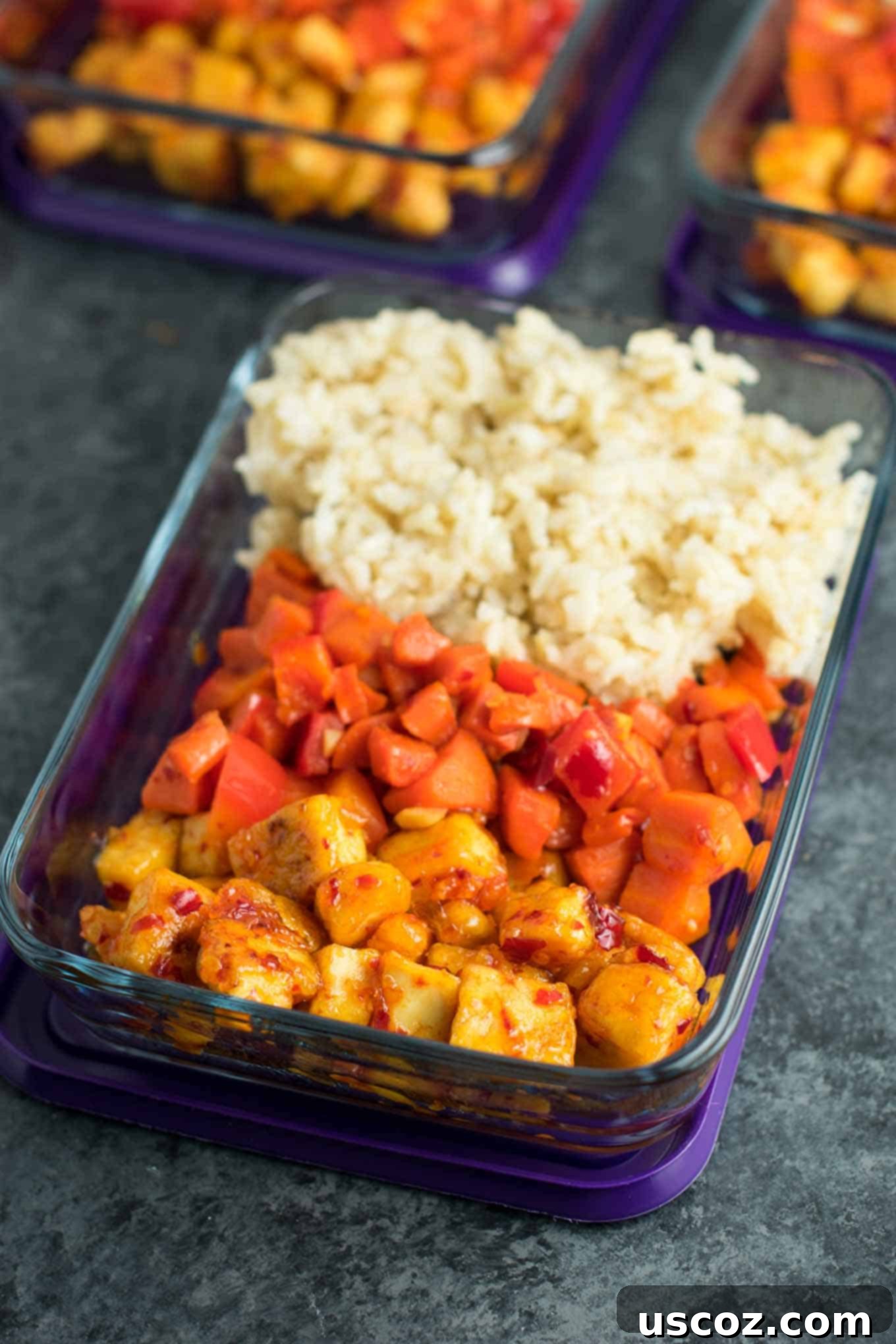 Sweet Chili Tofu Power Bowls 2 Meal Prep Sweet Chili Tofu Bowls with brown rice and vegetables. A delicious vegan or vegetarian meal! #vegan #vegetarian #veganmealprep #tofu