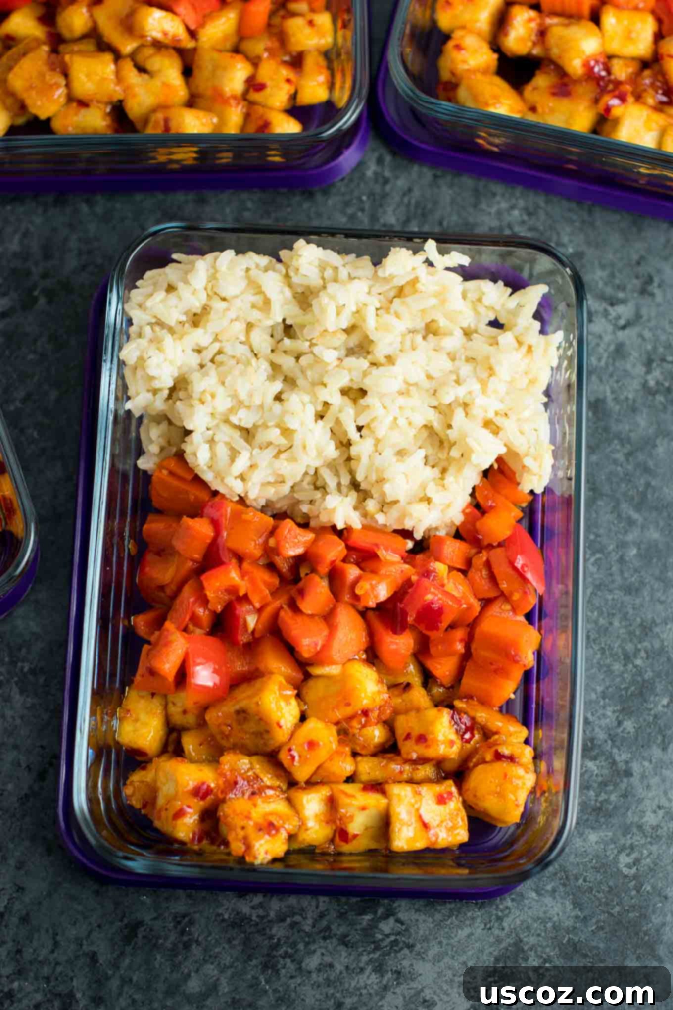 Sweet Chili Tofu Power Bowls 4 Meal Prep Sweet Chili Tofu Bowls with brown rice and vegetables. A delicious vegan or vegetarian meal! #vegan #vegetarian #veganmealprep #tofu