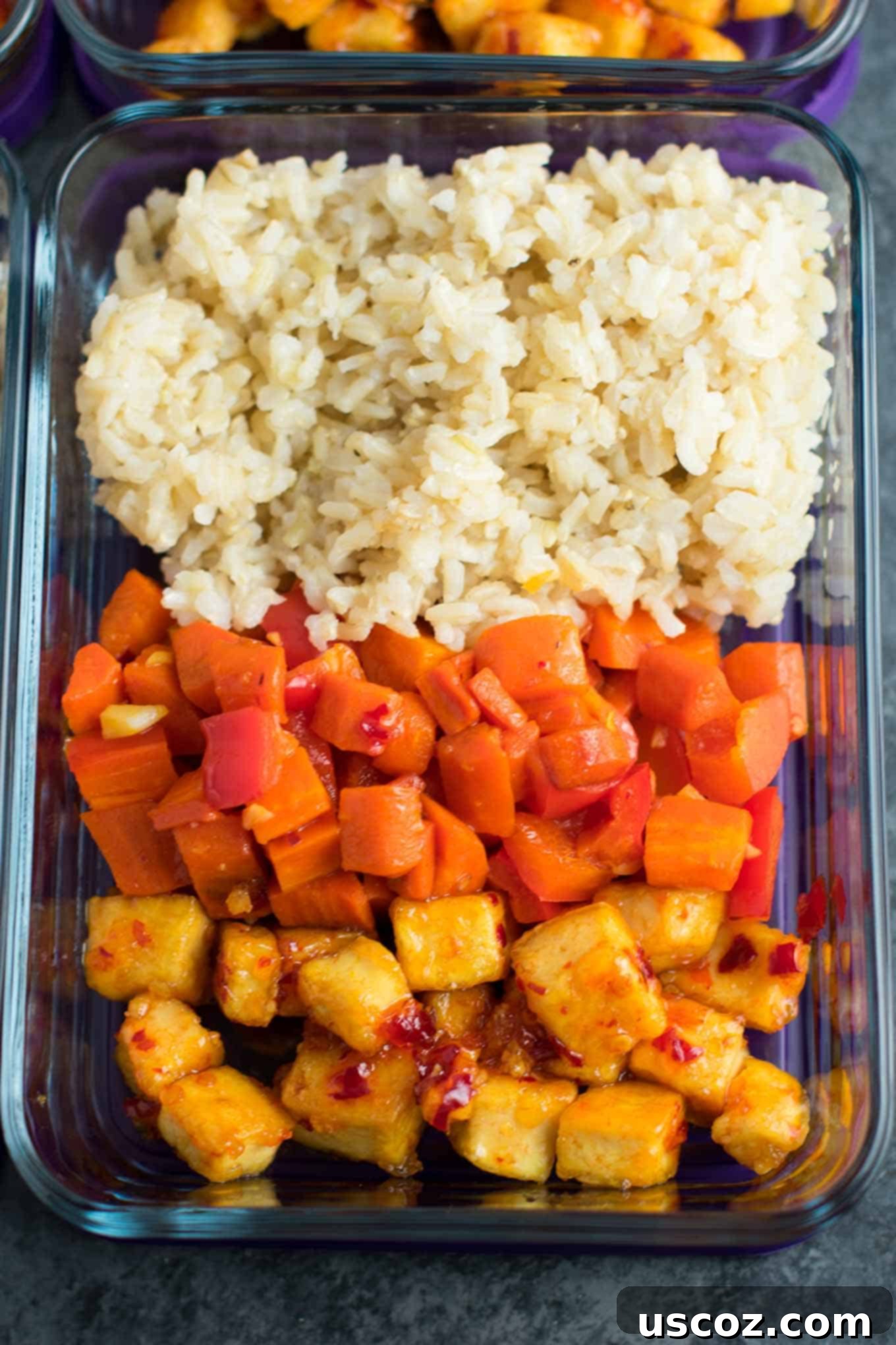 Sweet Chili Tofu Power Bowls 6 Meal Prep Sweet Chili Tofu Bowls with brown rice and vegetables. A delicious vegan or vegetarian meal! #vegan #vegetarian #veganmealprep #tofu
