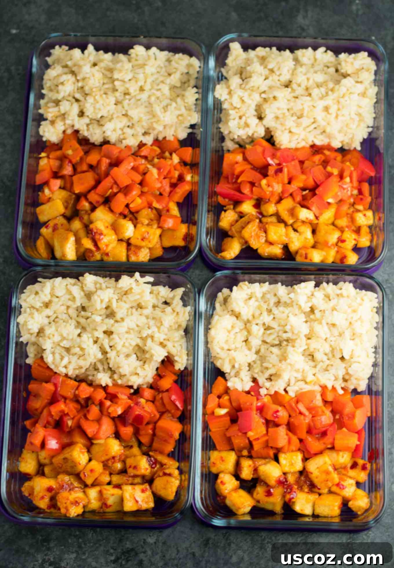Sweet Chili Tofu Power Bowls 9 Meal Prep Sweet Chili Tofu Bowls with brown rice and vegetables. A delicious vegan or vegetarian meal! #vegan #vegetarian #veganmealprep #tofu