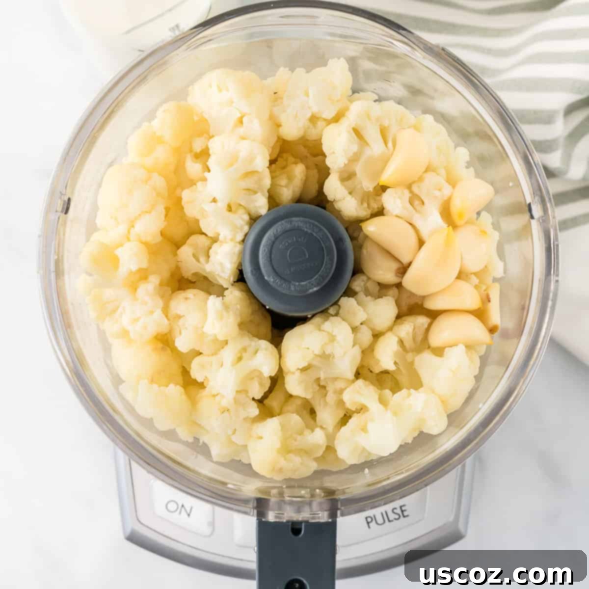 Creamy Cauliflower Alfredo 6 steamed cauliflower and garlic in a food processor