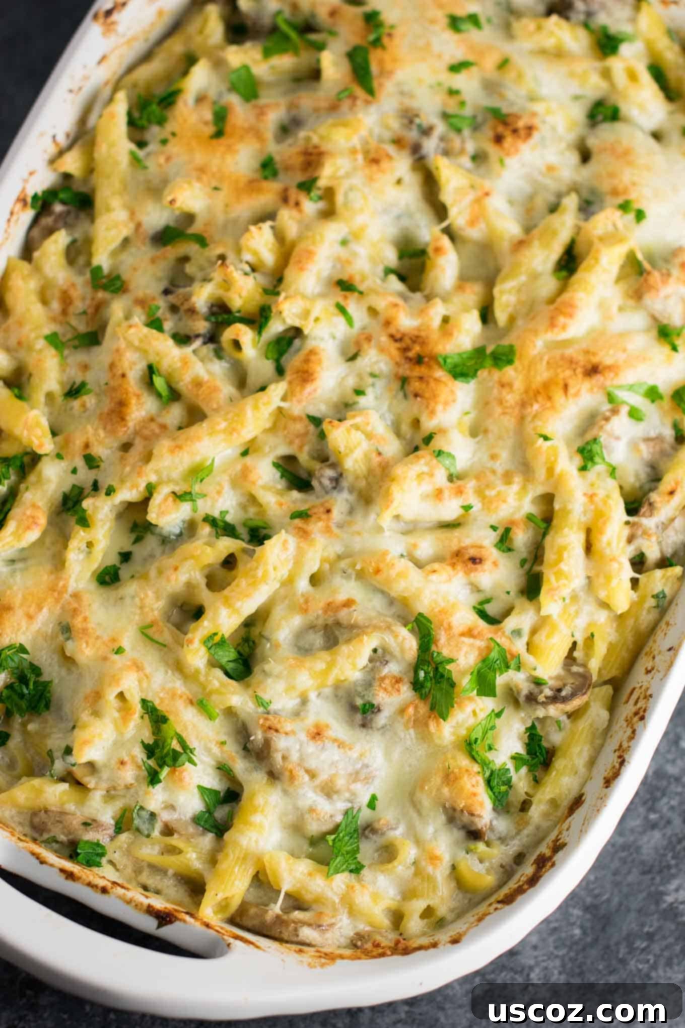 Mushroom cauliflower alfredo pasta bake recipe. A deliciously indulgent pasta bake lightened up with a homemade creamy cauliflower sauce. #caulifloweralfredo #vegetarian #pasta #dinner