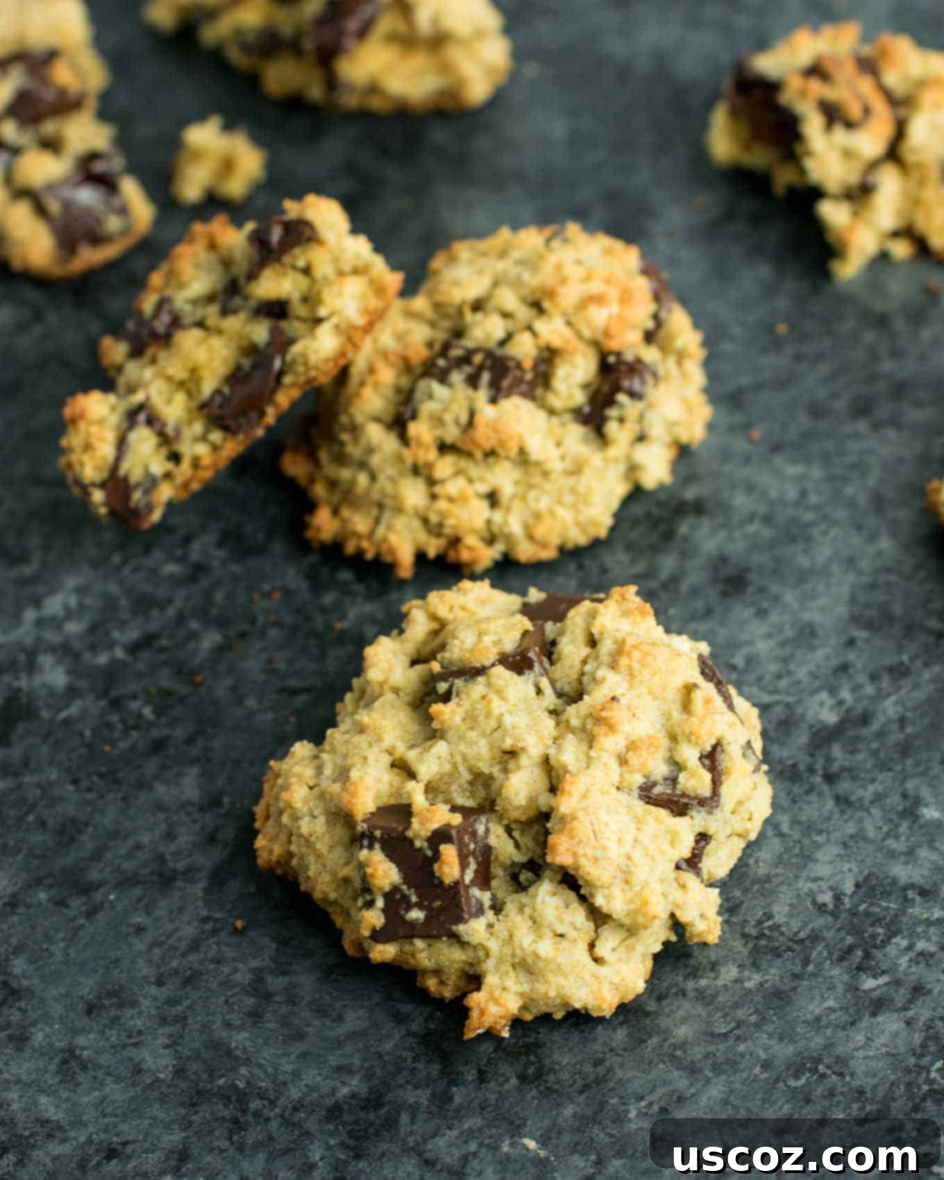 Close-up of a freshly baked Gluten-Free Oatmeal Chocolate Chip Cookie, showcasing its chewy texture and chocolate chunks.