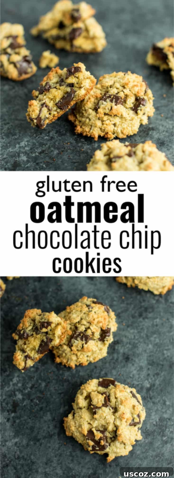 Pinterest graphic: Gluten-Free Oatmeal Chocolate Chip Cookies made with oat and coconut flour. Easy, healthy, and dairy-free recipe.