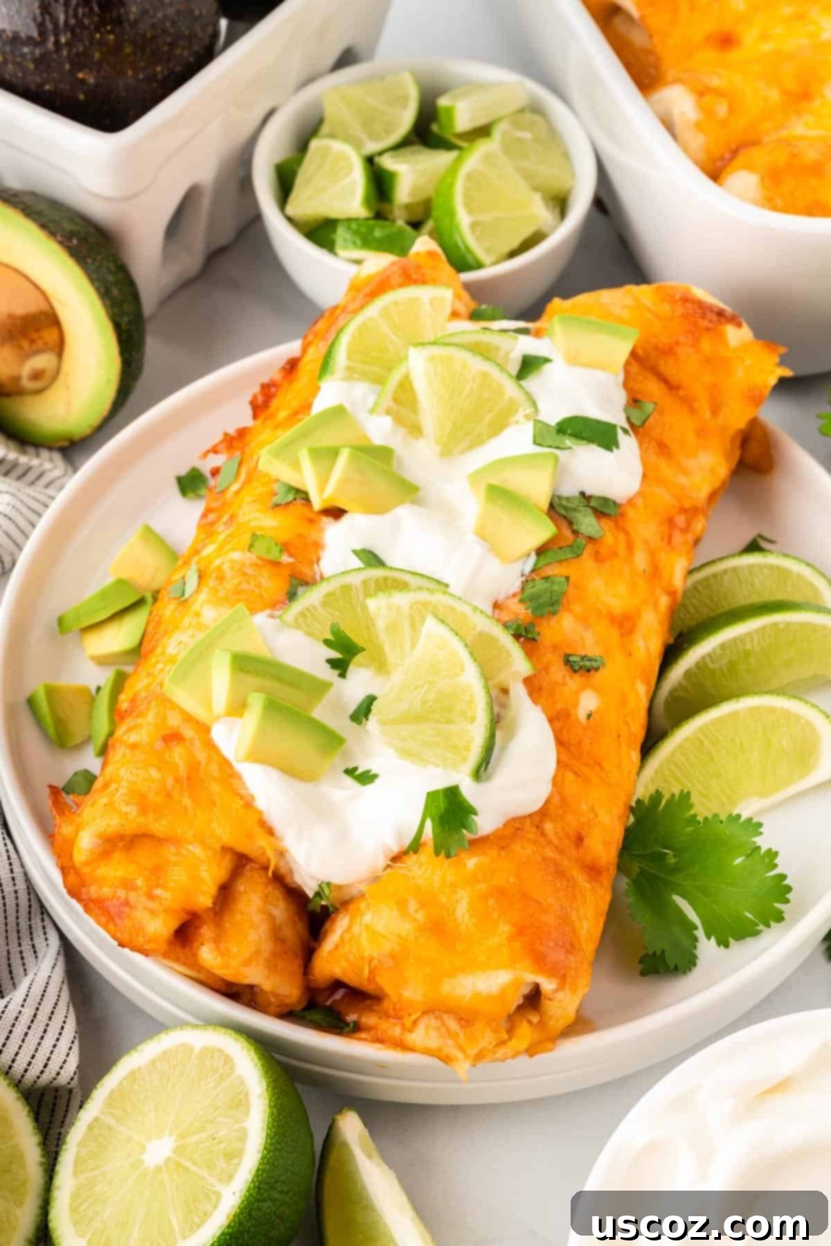 Southwestern Sweet Potato Black Bean Enchiladas 15 Plated sweet potato black bean enchiladas with avocado, lime, and sour cream