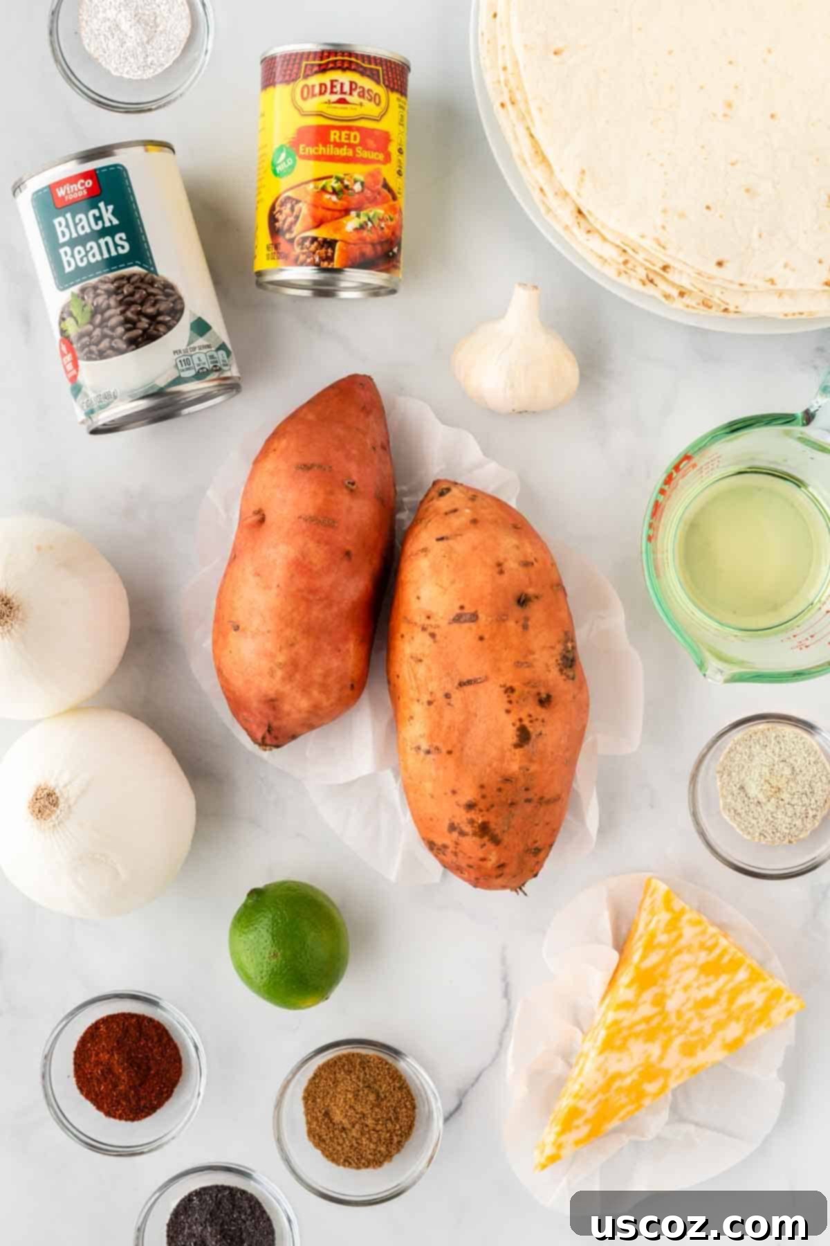 Southwestern Sweet Potato Black Bean Enchiladas 4 Ingredients laid out for making sweet potato black bean enchiladas
