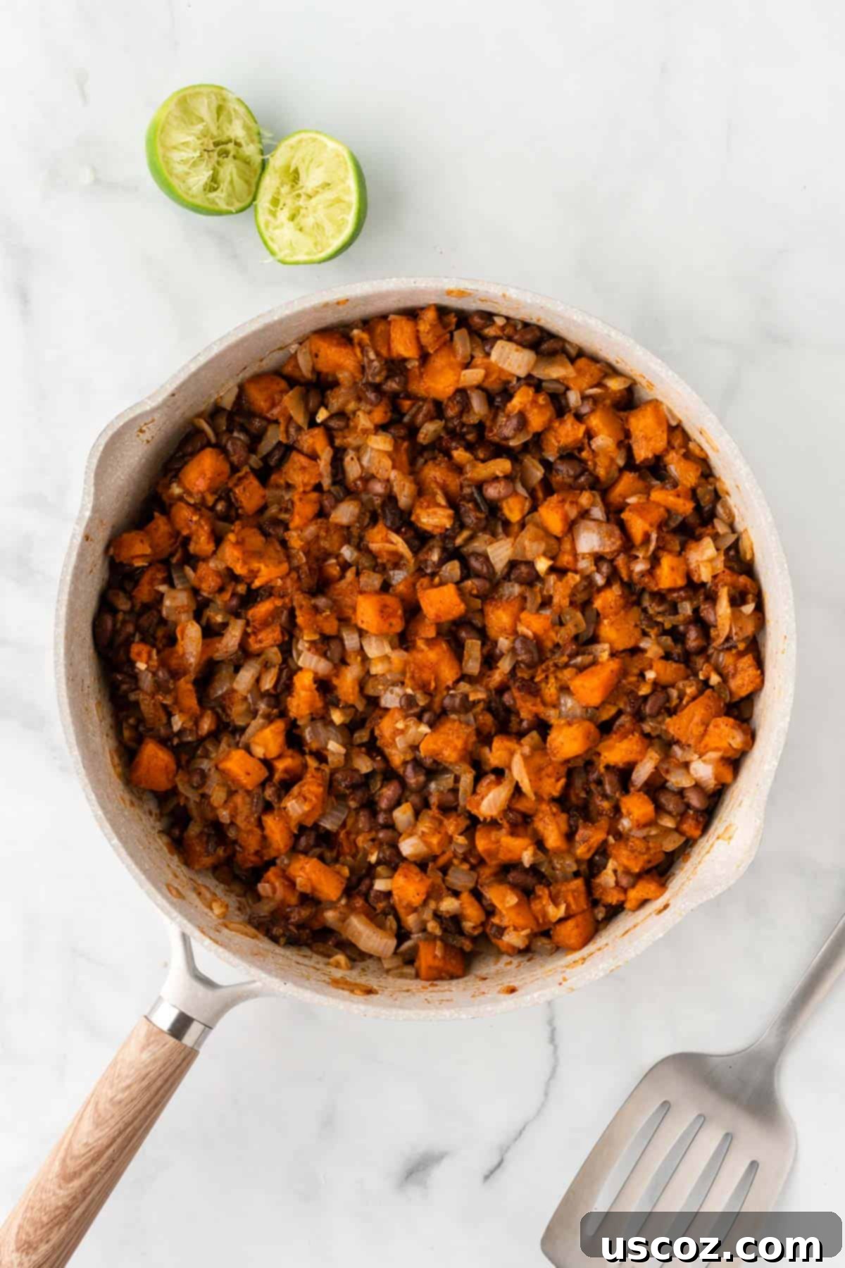 Southwestern Sweet Potato Black Bean Enchiladas 10 Close-up of the completed sweet potato and black bean enchilada filling in a skillet