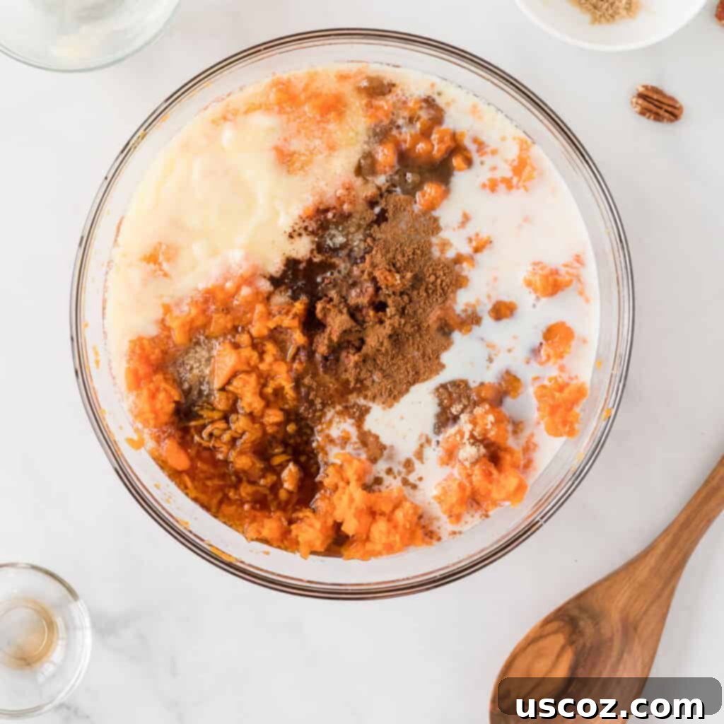 Ultimate Gluten Free Sweet Potato Casserole 9 ingredients for the sweet potatoes in a bowl