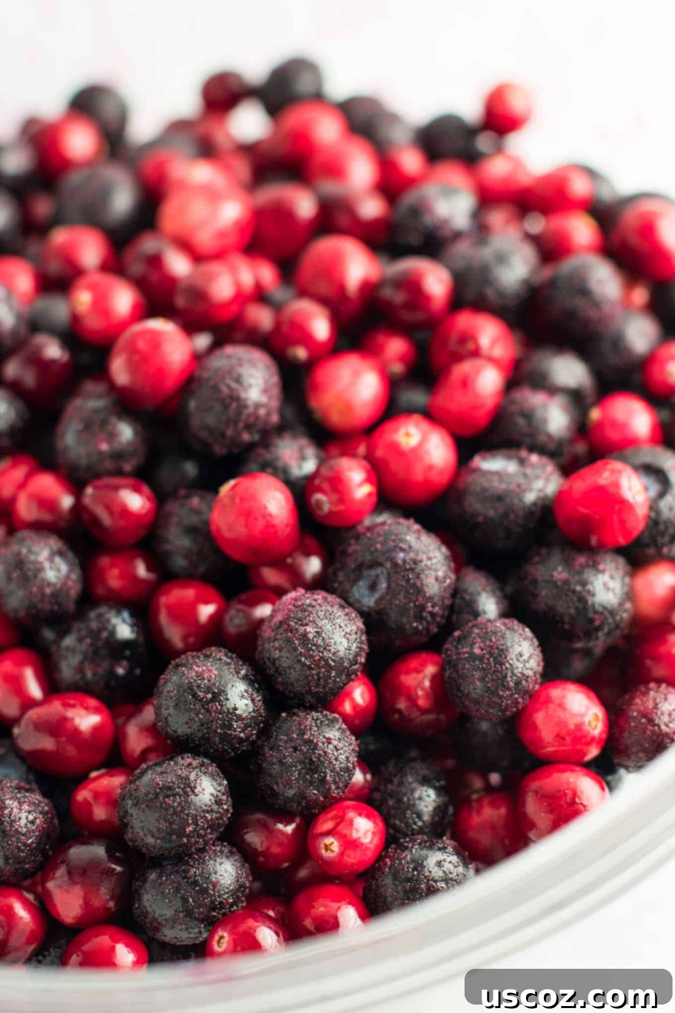 Sweet Tart Cranberry Blueberry Crisp 3 Fresh cranberries and frozen blueberries mixed together in a bowl, ready for the crisp filling.
