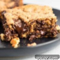 Decadent Dark Chocolate Pecan Cookie Bars 7 Gluten-free dark chocolate pecan cookie bar on a plate