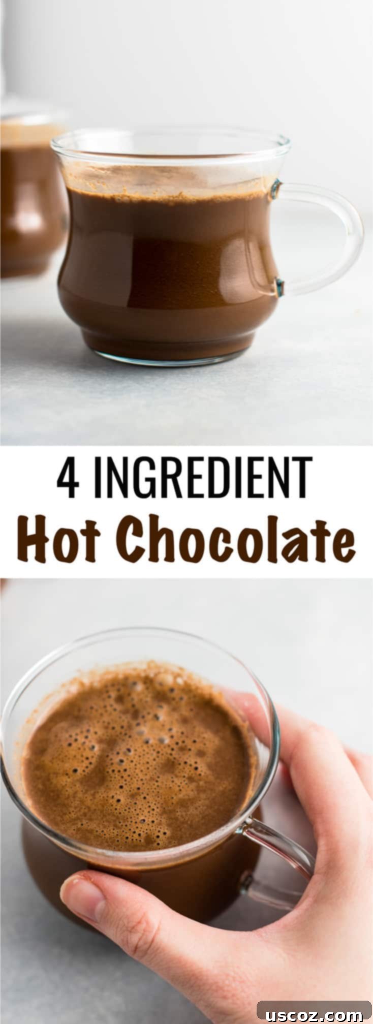 Creamy Vegan Hot Chocolate 8 Easy 4-Ingredient vegan hot chocolate recipe made with almond milk. Dairy-free, gluten-free, and vegan. The perfect cozy winter drink! #vegan #hotchocolate #drinks #christmas #dairyfree