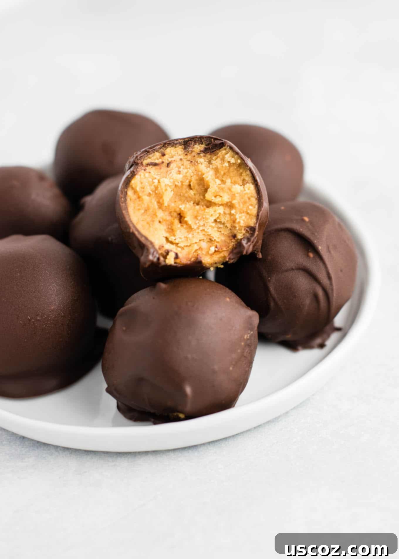 Decadent Yet Healthy No-Bake Peanut Butter Truffles 2 A festive display of delicious no-bake peanut butter truffles, coated in chocolate, perfect for holiday gatherings.