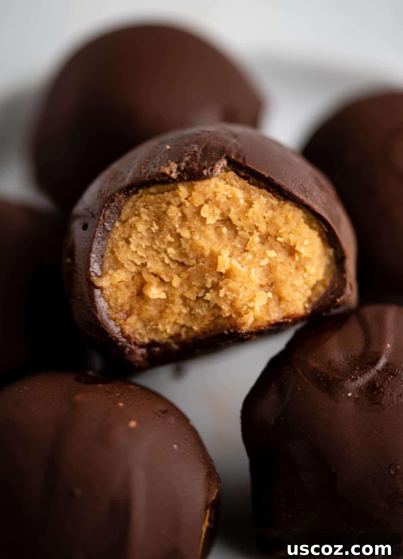 Decadent Yet Healthy No-Bake Peanut Butter Truffles 11 Assorted vegan truffles presented on a rustic wooden board, some with delicate drizzles.