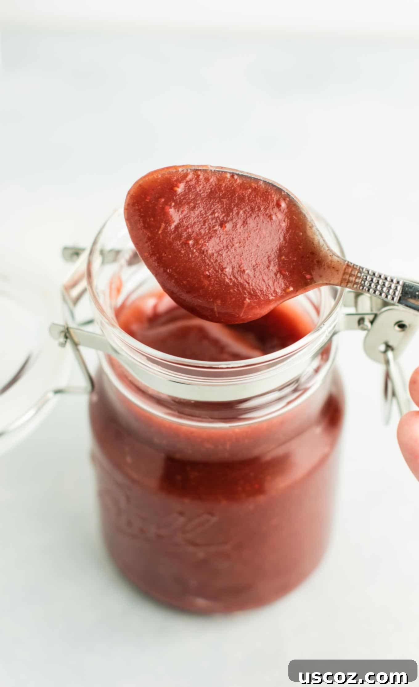Ultimate Slow Cooker Cranberry Apple Butter 4 The soft, cooked cranberry and apple mixture being transferred to a blender for a smooth finish.
