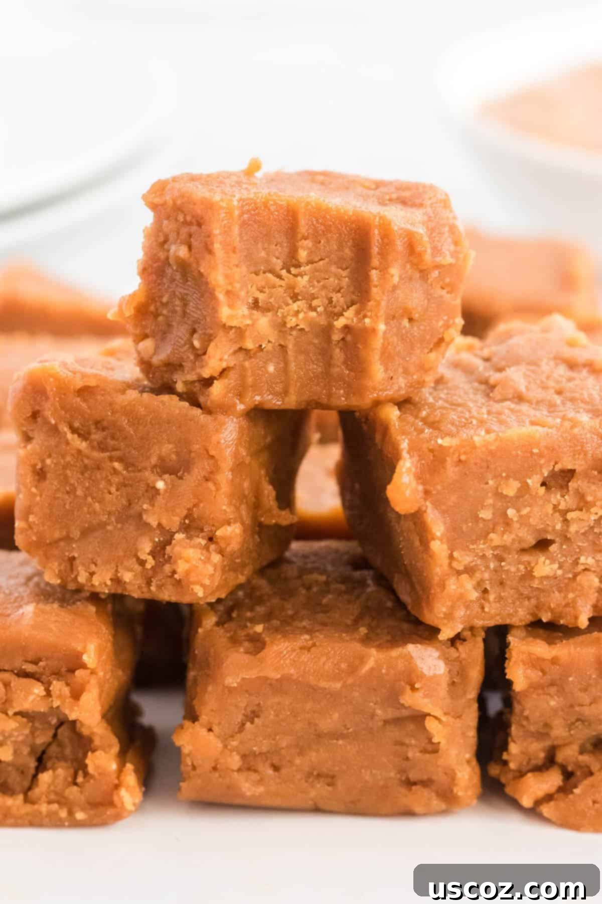 Decadent Plant-Based Peanut Butter Fudge 2 A delectable piece of vegan peanut butter fudge with a bite taken out, showcasing its creamy texture and rich, nutty flavor. Perfect for healthy dessert lovers.