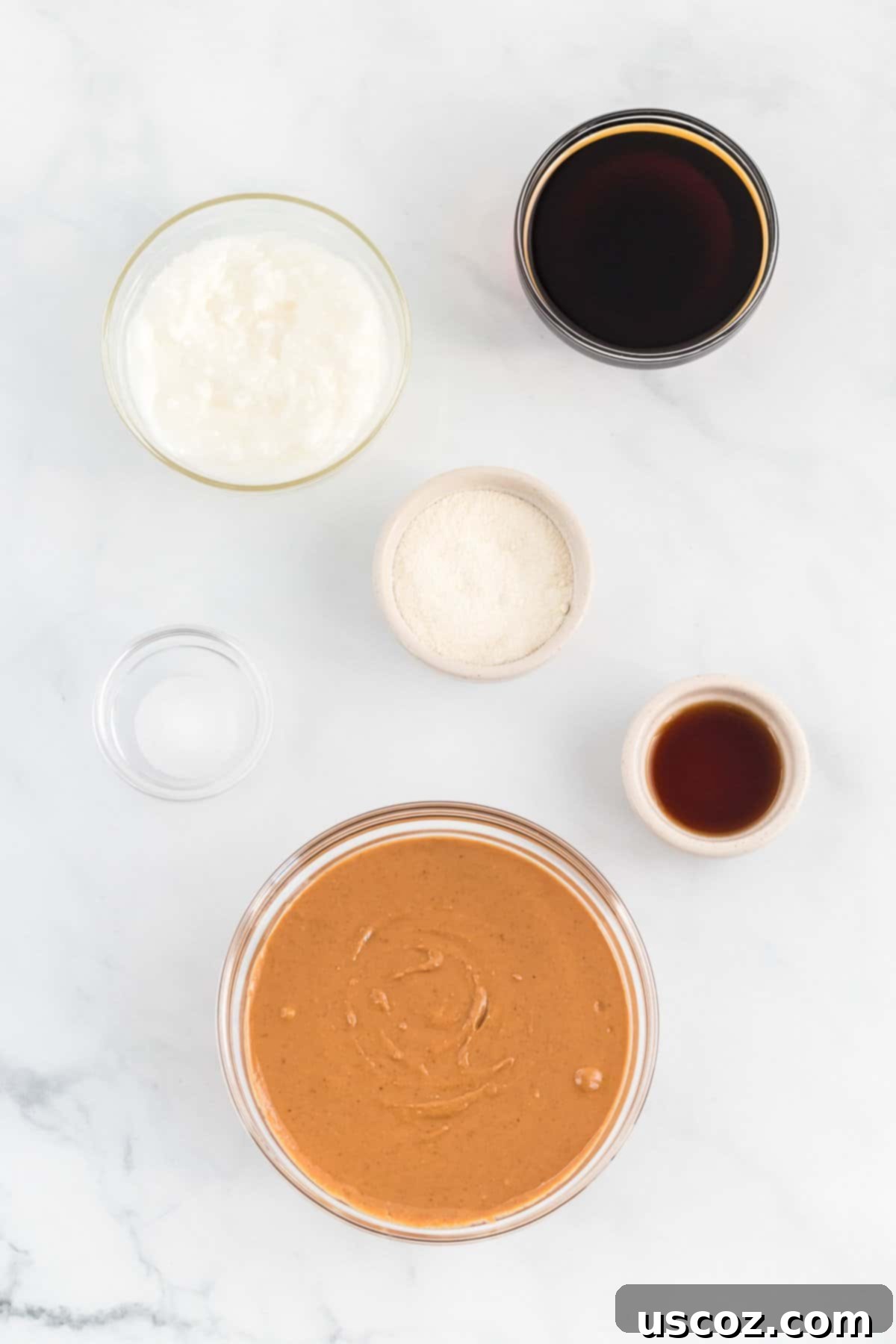 Decadent Plant-Based Peanut Butter Fudge 4 All the essential ingredients for making healthy vegan peanut butter fudge: creamy peanut butter, coconut oil, pure maple syrup, vanilla extract, coconut flour, and sea salt, neatly laid out.