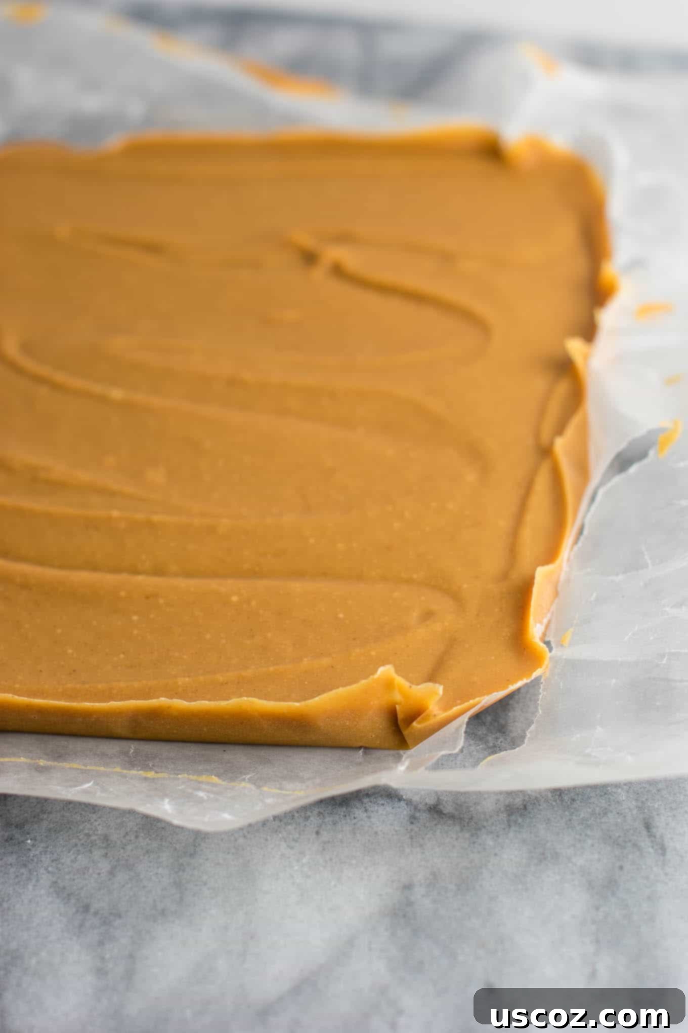 Decadent Plant-Based Peanut Butter Fudge 5 The smooth, golden-brown mixture of vegan peanut butter fudge ingredients simmering gently in a saucepan, prior to the addition of coconut flour. This highlights the easy, melting process.