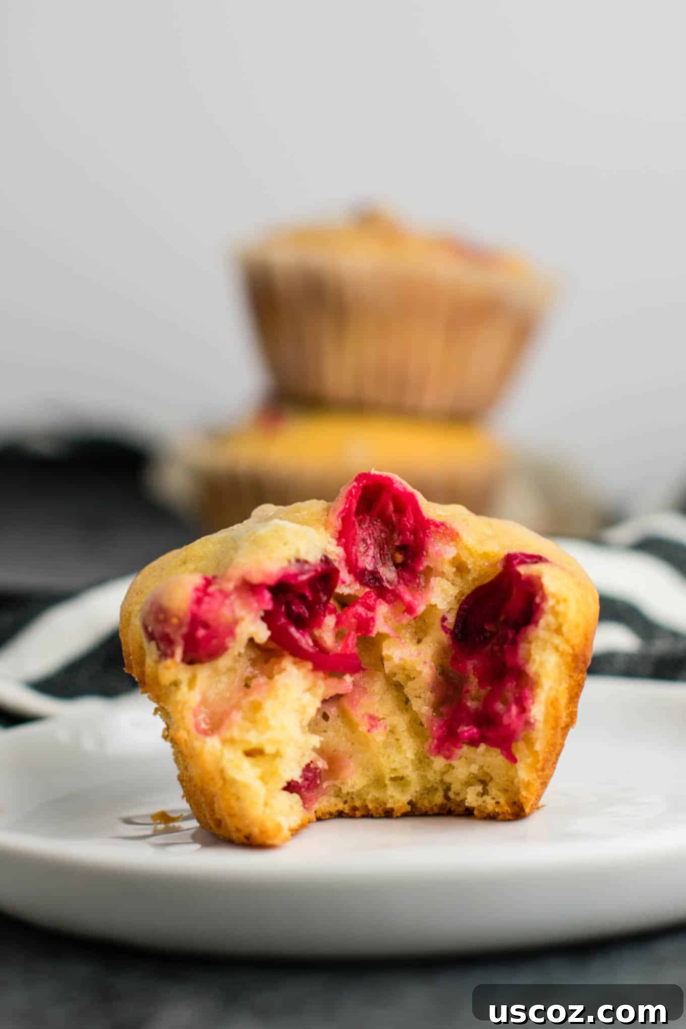 Wholesome Cranberry Orange Muffins 5 A tray of freshly baked healthy cranberry orange muffins, drizzled with sweet orange glaze.