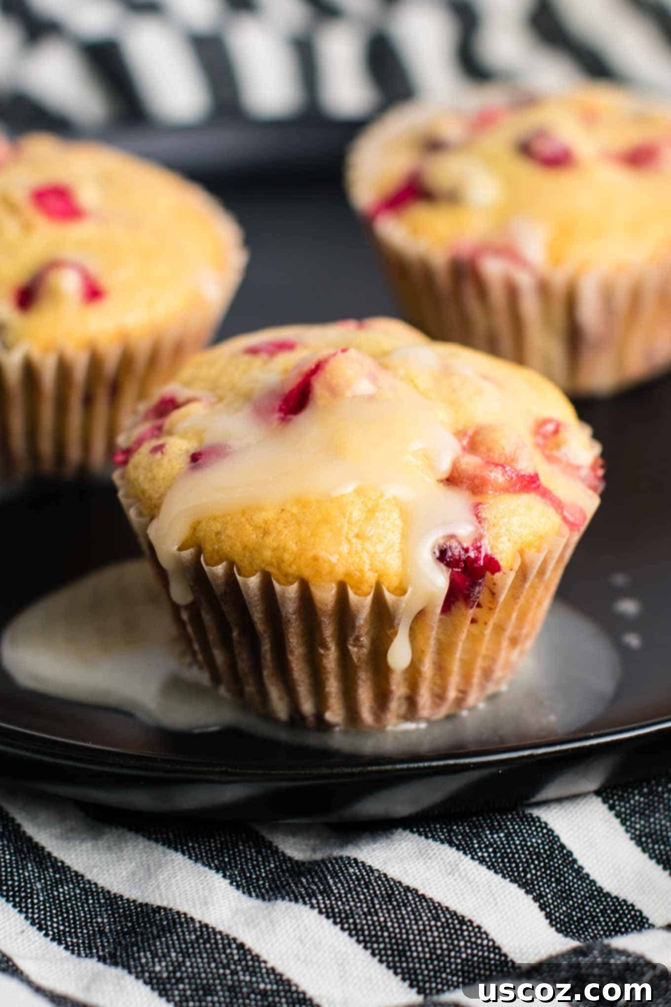 Wholesome Cranberry Orange Muffins 6 A close-up of a single healthy cranberry orange muffin, showing the perfectly browned top and orange glaze.