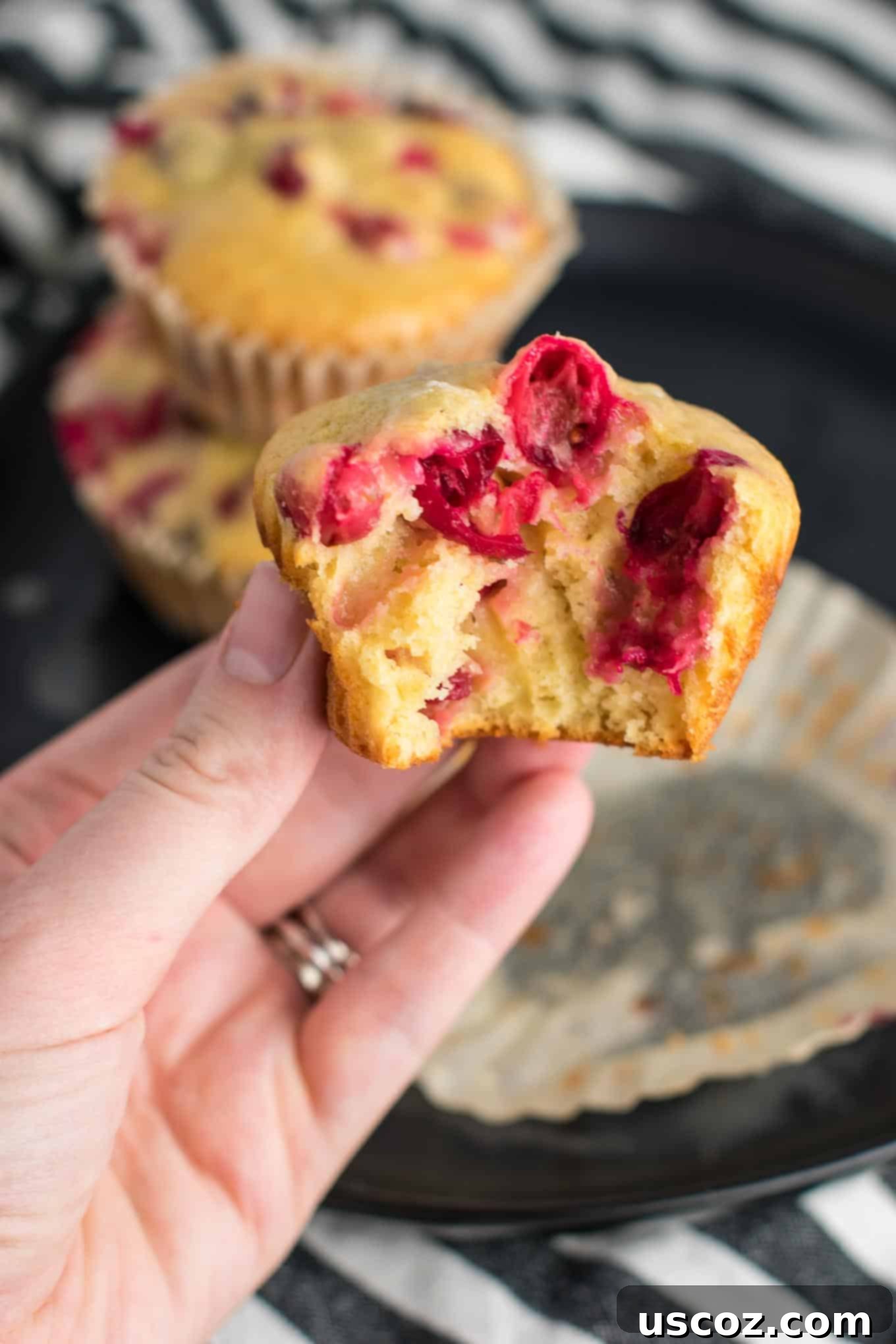 Wholesome Cranberry Orange Muffins 9 A group of healthy cranberry orange muffins on a cooling rack, with a few fresh cranberries scattered around.