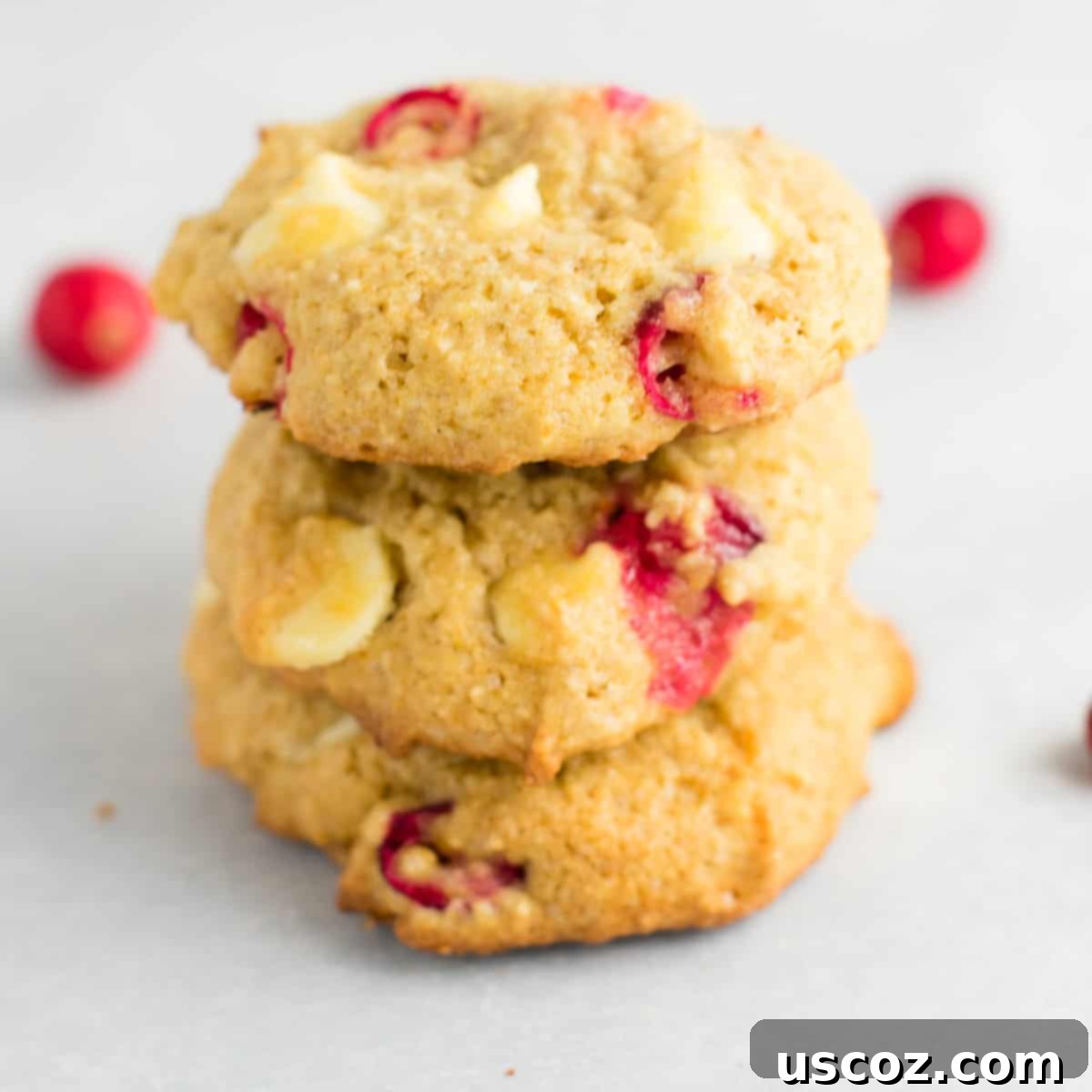 Delightful Cranberry White Chocolate Chip Cookies 9 A plate of perfectly baked cranberry white chocolate chip cookies, stacked on top of each other, inviting a bite.