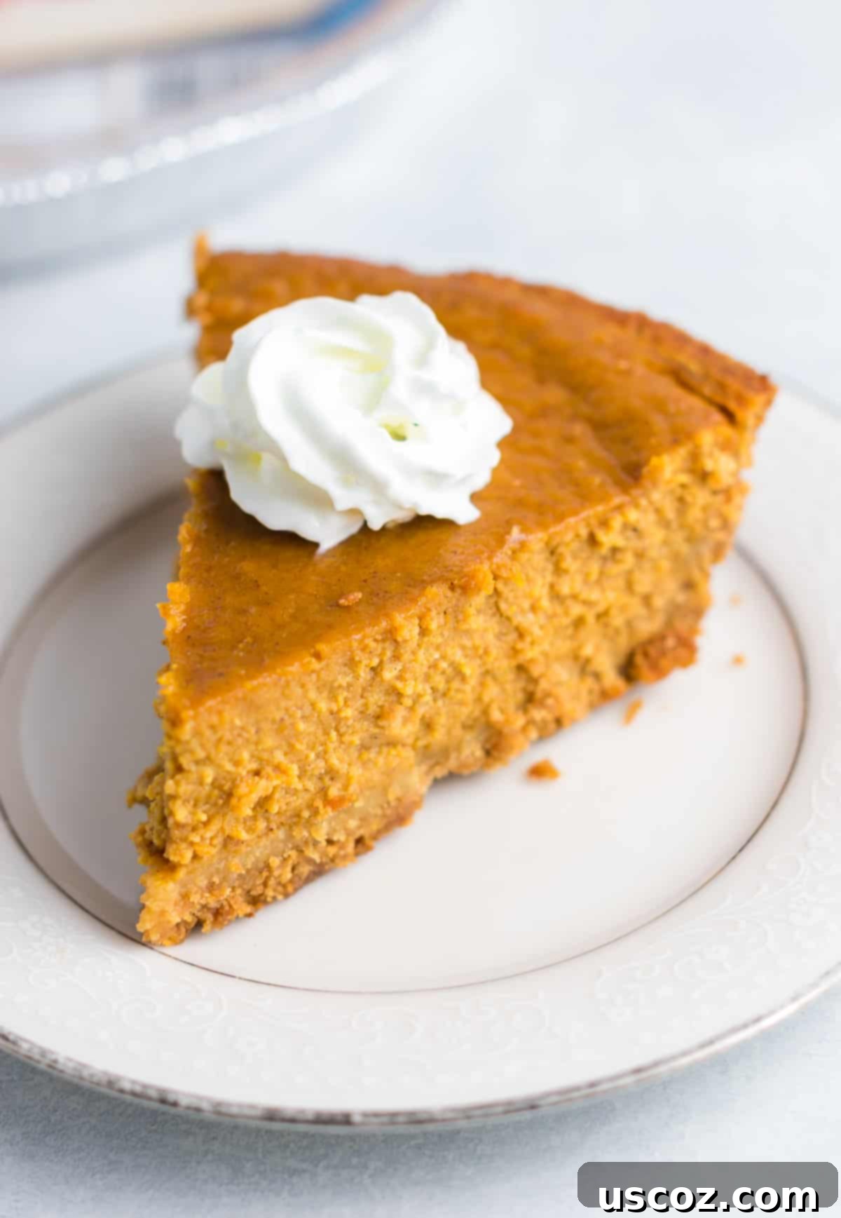 Simple Gluten-Free Pumpkin Pie 4 a slice of pumpkin pie on a plate topped with whipped cream