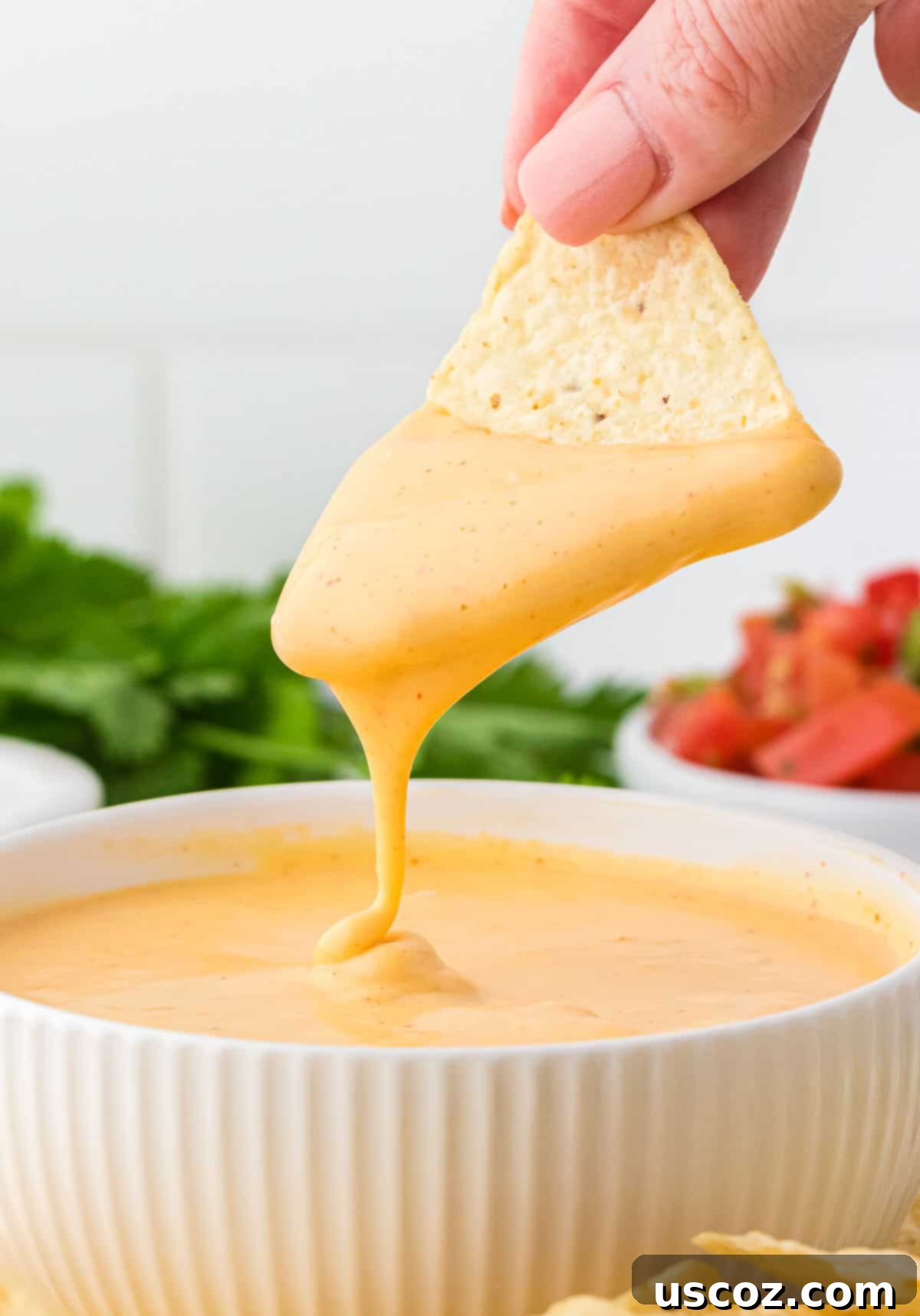 Cheesy Nacho Dip in Minutes 11 dipping a chip into nacho cheese sauce