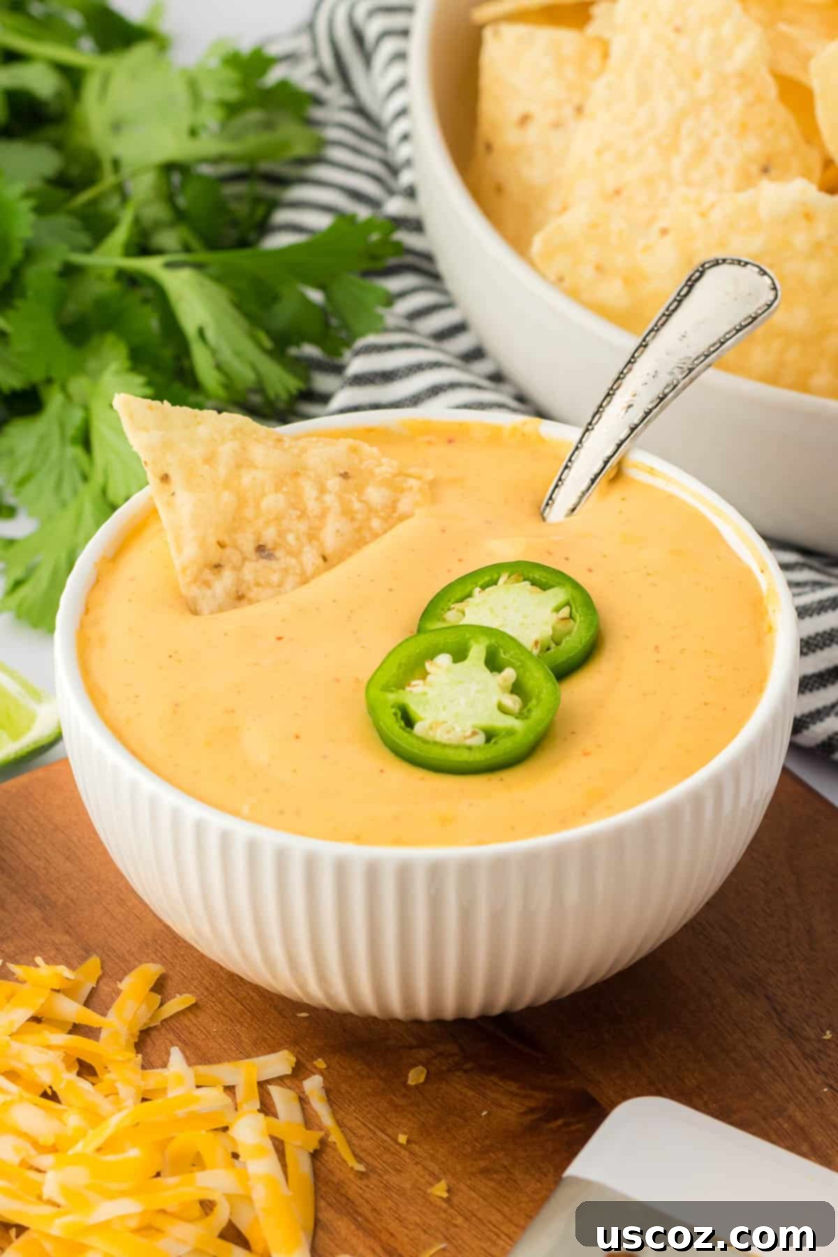 Cheesy Nacho Dip in Minutes 15 nacho cheese sauce in a bowl topped with jalapeno slices