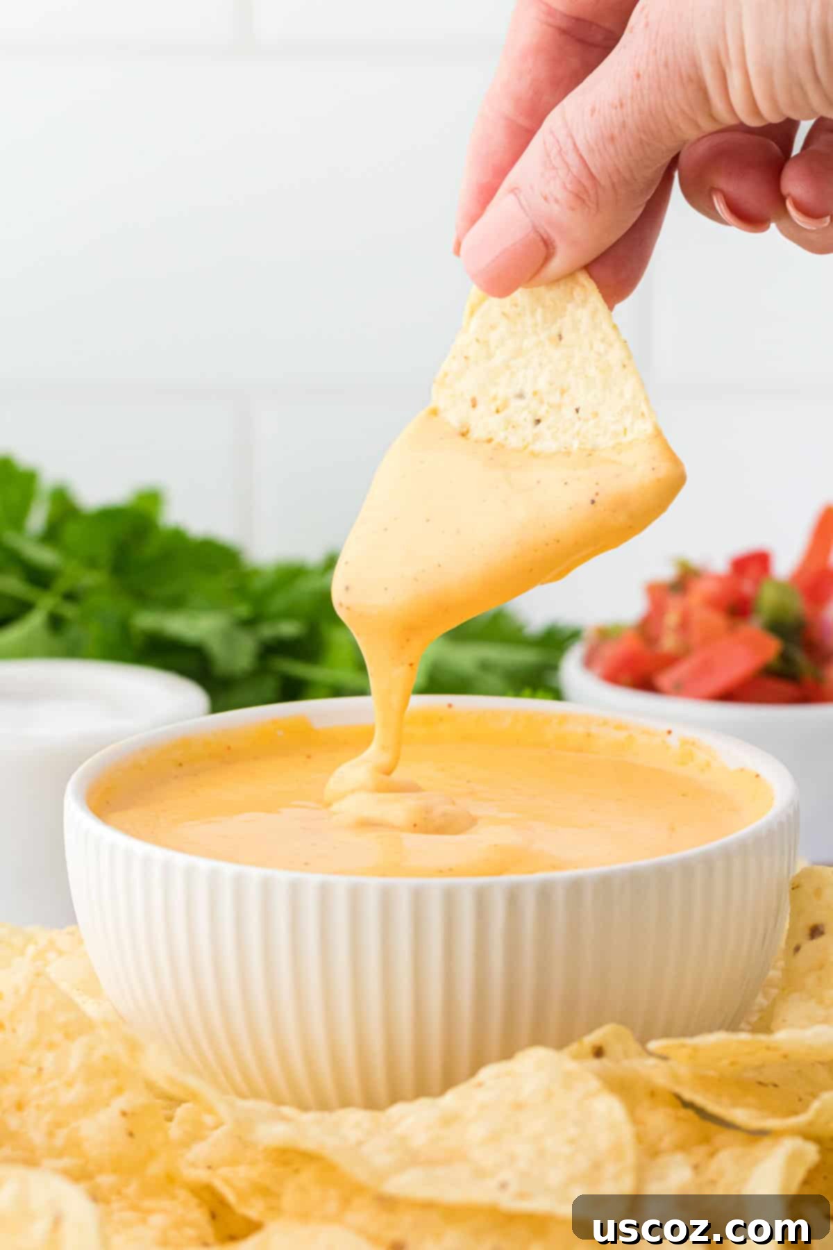 Cheesy Nacho Dip in Minutes 16 dipping a chip into nacho cheese sauce