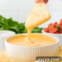 Cheesy Nacho Dip in Minutes 17 dipping a chip into nacho cheese sauce