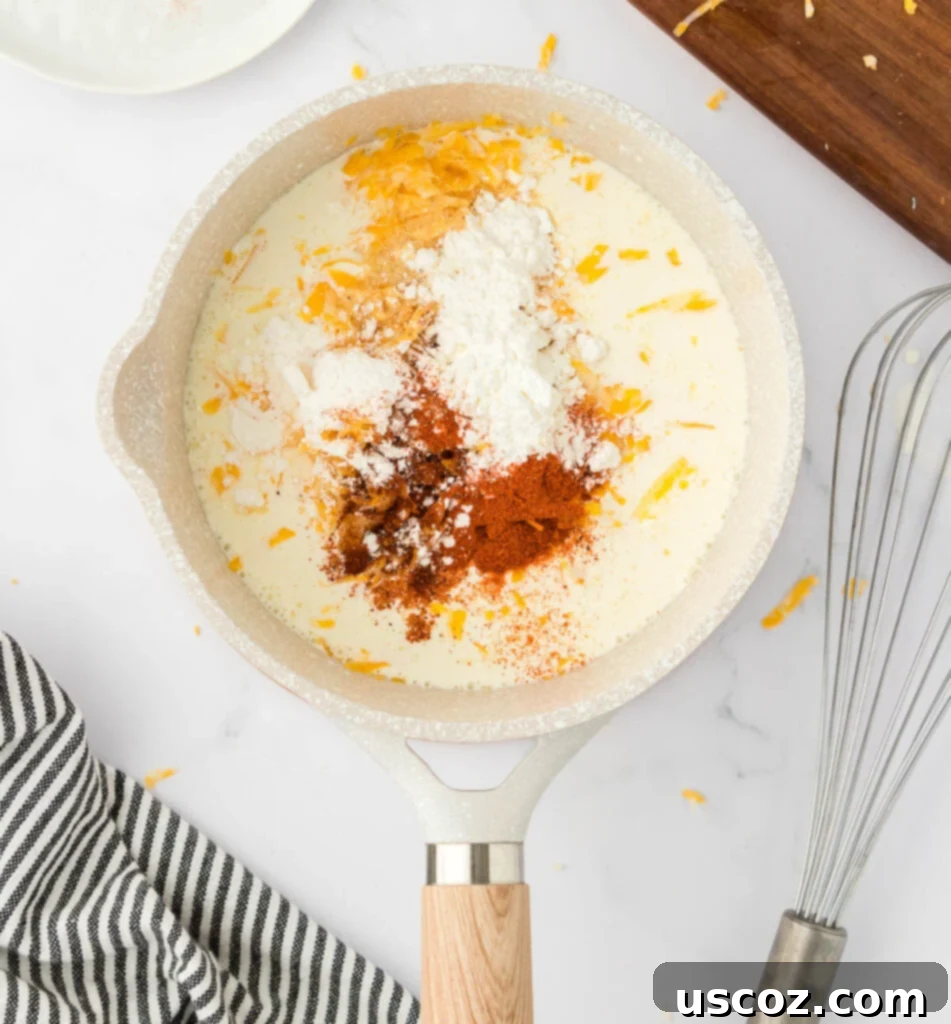 Cheesy Nacho Dip in Minutes 6 nacho cheese sauce ingredients in a sauce pan