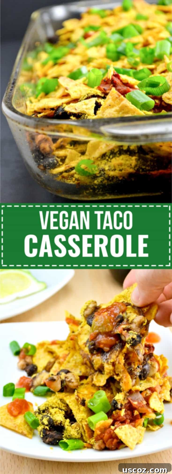 Plant-Powered Taco Bake 3 Vegan taco casserole recipe with a pinterest-friendly image, showing a close up of the baked casserole