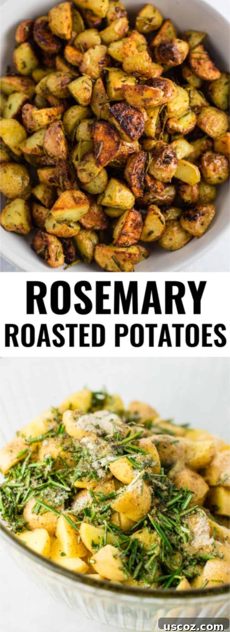A Pinterest-friendly vertical image featuring a bowl of crispy rosemary roasted potatoes, garnished with fresh rosemary. The image includes text overlays for 'Rosemary Roasted Potatoes' and 'Easy Vegan Side Dish recipe' to attract pinners.