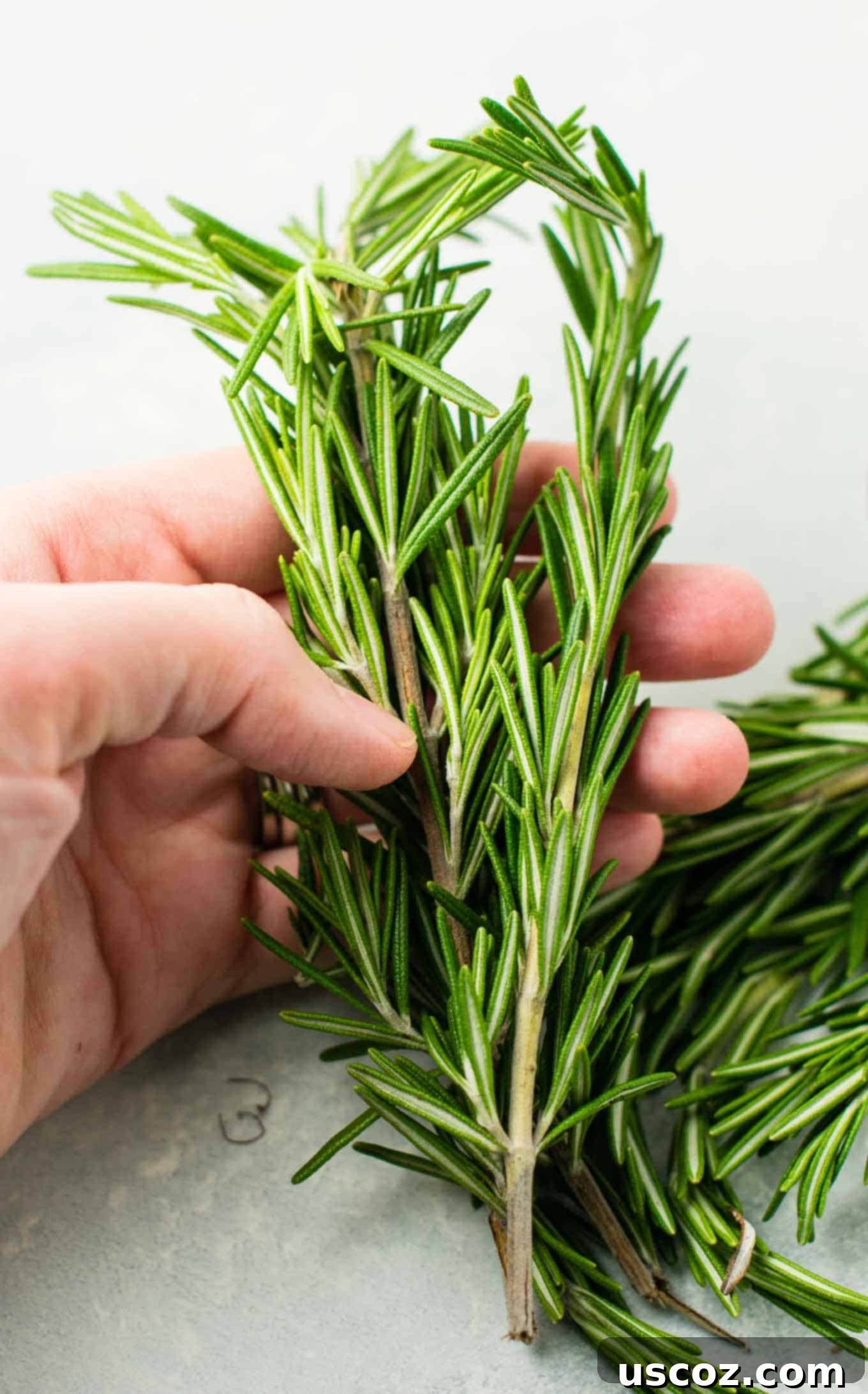 A sharp chef's knife in motion, roughly chopping vibrant fresh rosemary on a textured wooden cutting board, with small piles of chopped herb beside it.