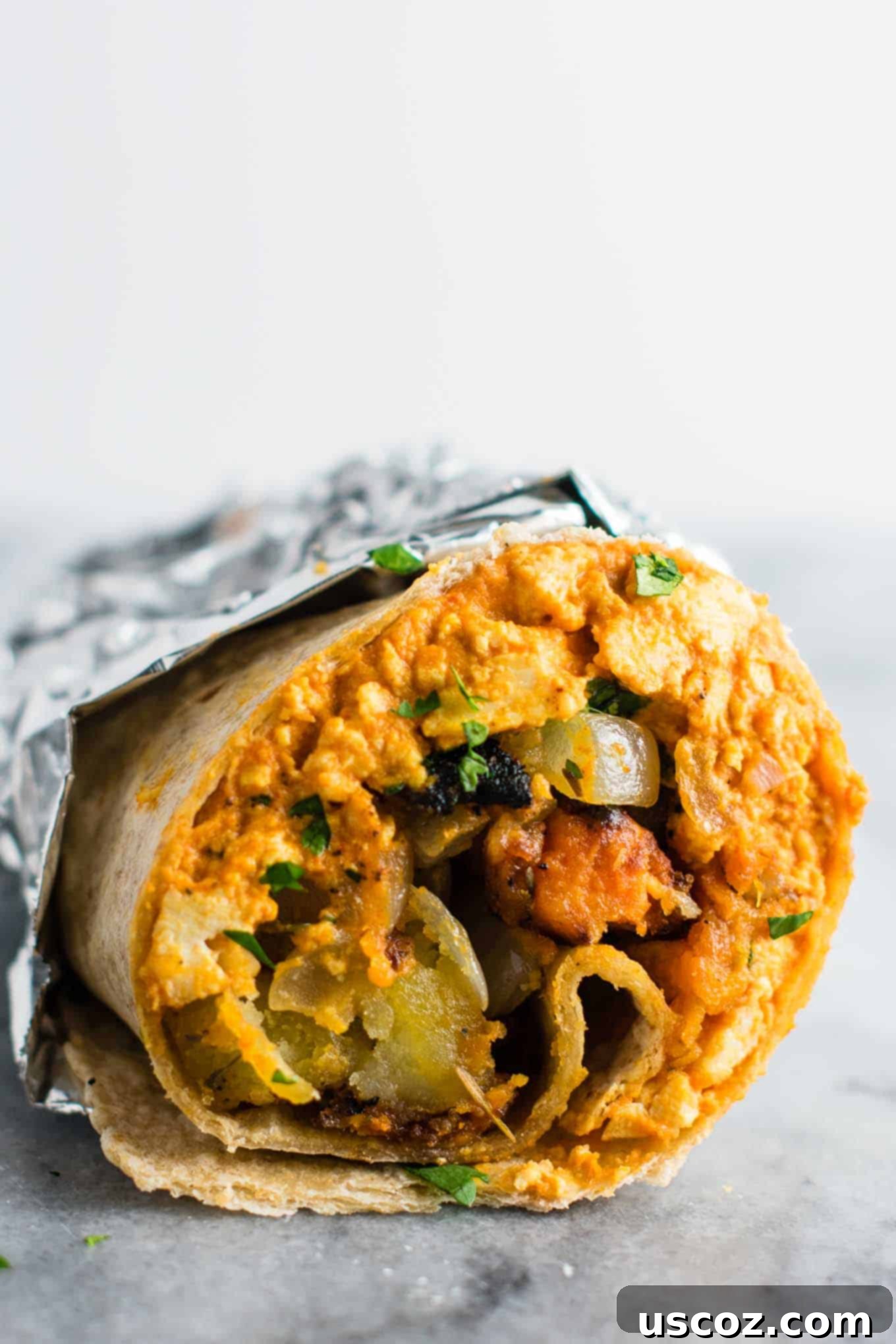 Plant-Based Breakfast Burrito Bliss 2 A perfectly rolled, golden-brown vegan breakfast burrito, ready to be enjoyed.