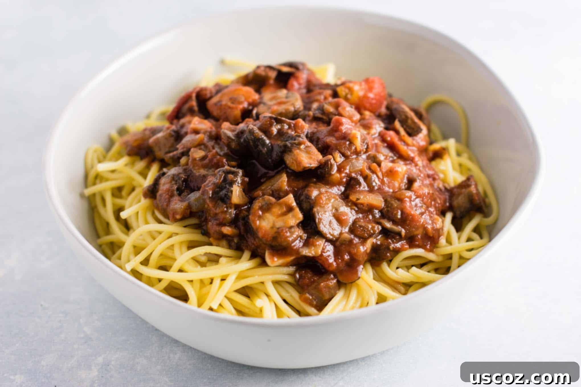 Delicious Vegetarian Spaghetti Sauce 12 hearty vegetarian spaghetti sauce over white spaghetti noodles in a bowl