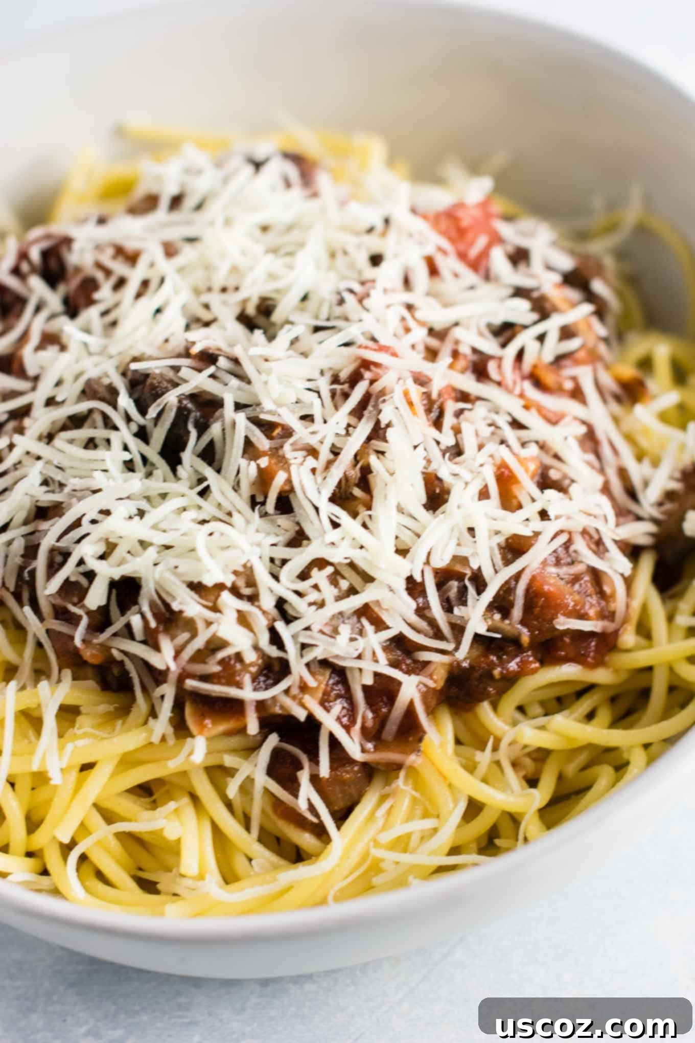 Delicious Vegetarian Spaghetti Sauce 17 spaghetti in a bowl sprinkled with shredded mozzarella cheese