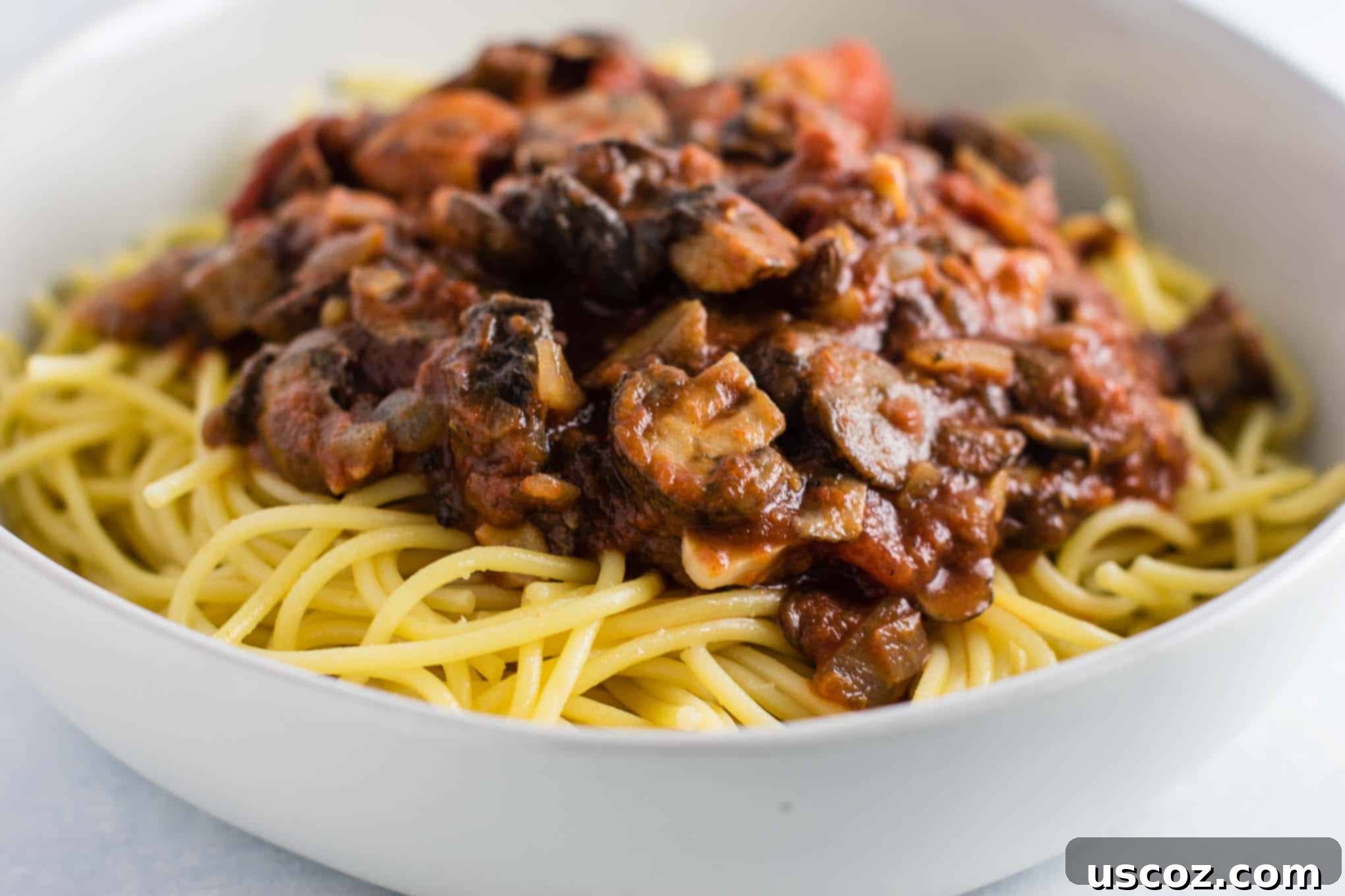 Delicious Vegetarian Spaghetti Sauce 18 meatless spaghetti sauce over pasta in a white bowl