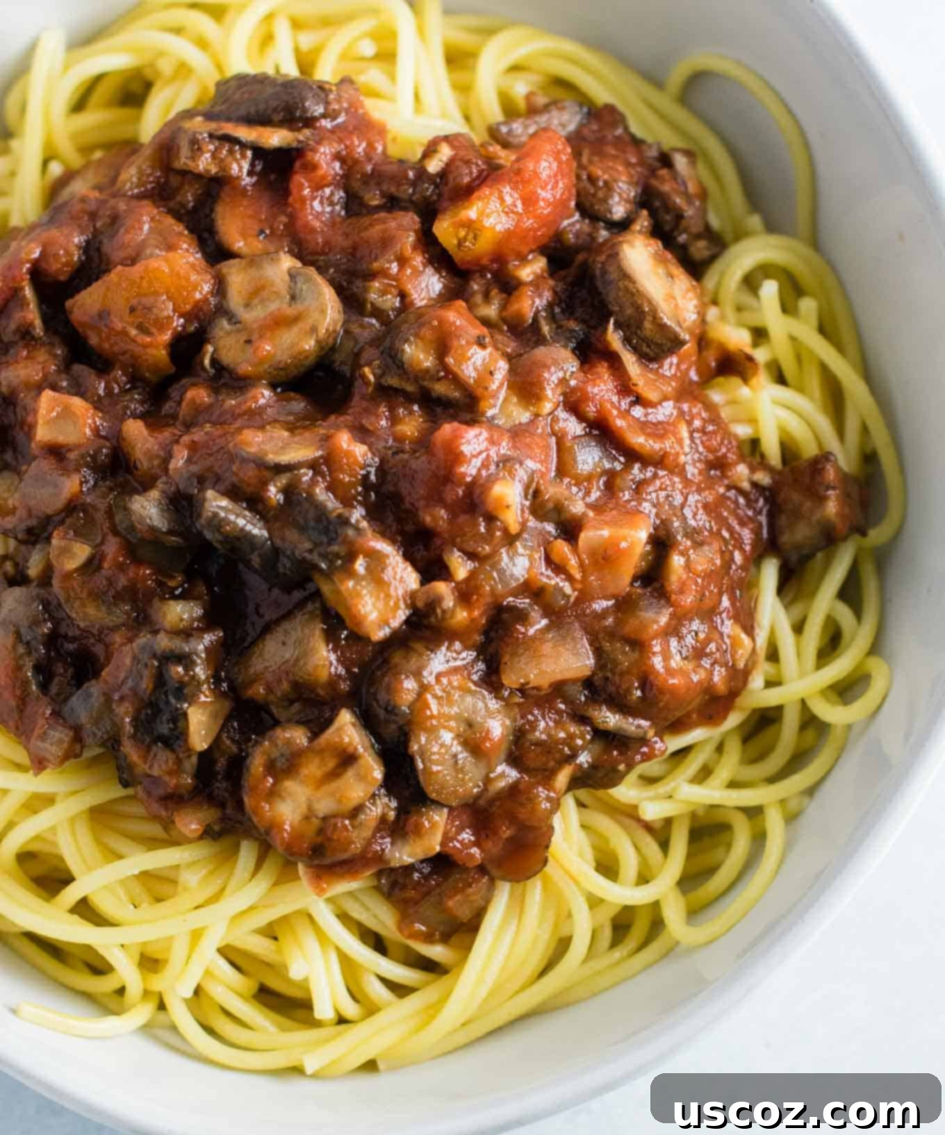 Delicious Vegetarian Spaghetti Sauce 3 vegetarian mushroom spaghetti sauce over white spaghetti noodles in a white bowl