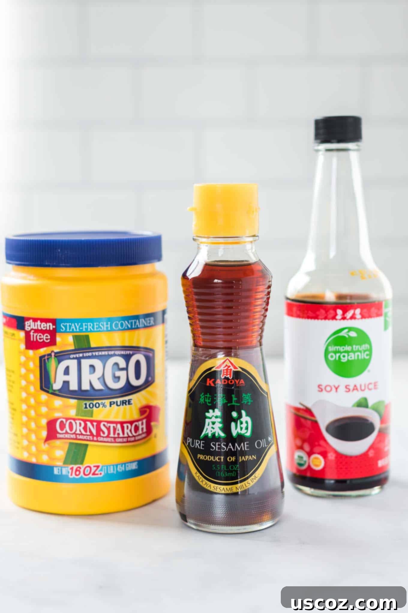 Perfect Stir Fry Sauce 3 jars of sesame oil, soy sauce, and corn starch