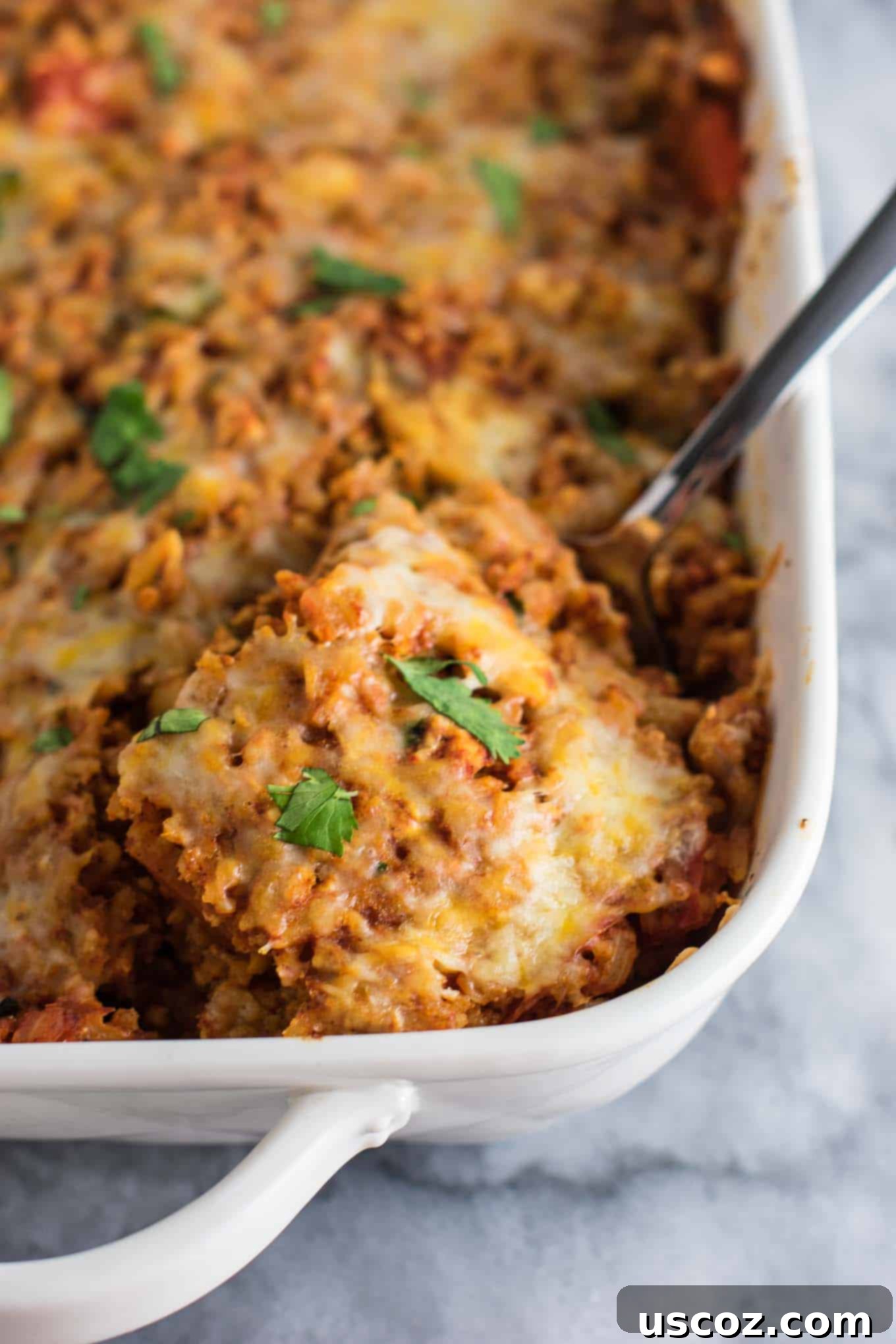 Spicy Mexican Tofu Rice Bake 13 A serving of Tofu Mexican Rice Casserole in a bowl, with a fork, ready to eat.
