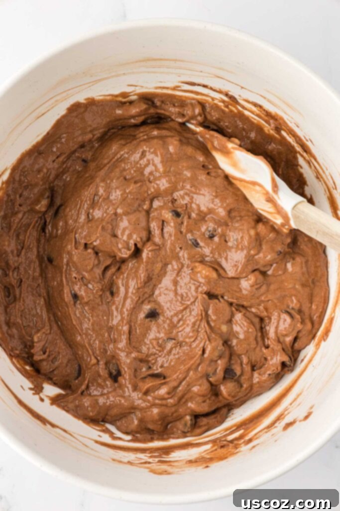 Nourishing Chocolate Muffins 12 Chocolate muffin batter in a mixing bowl with chocolate chips folded in