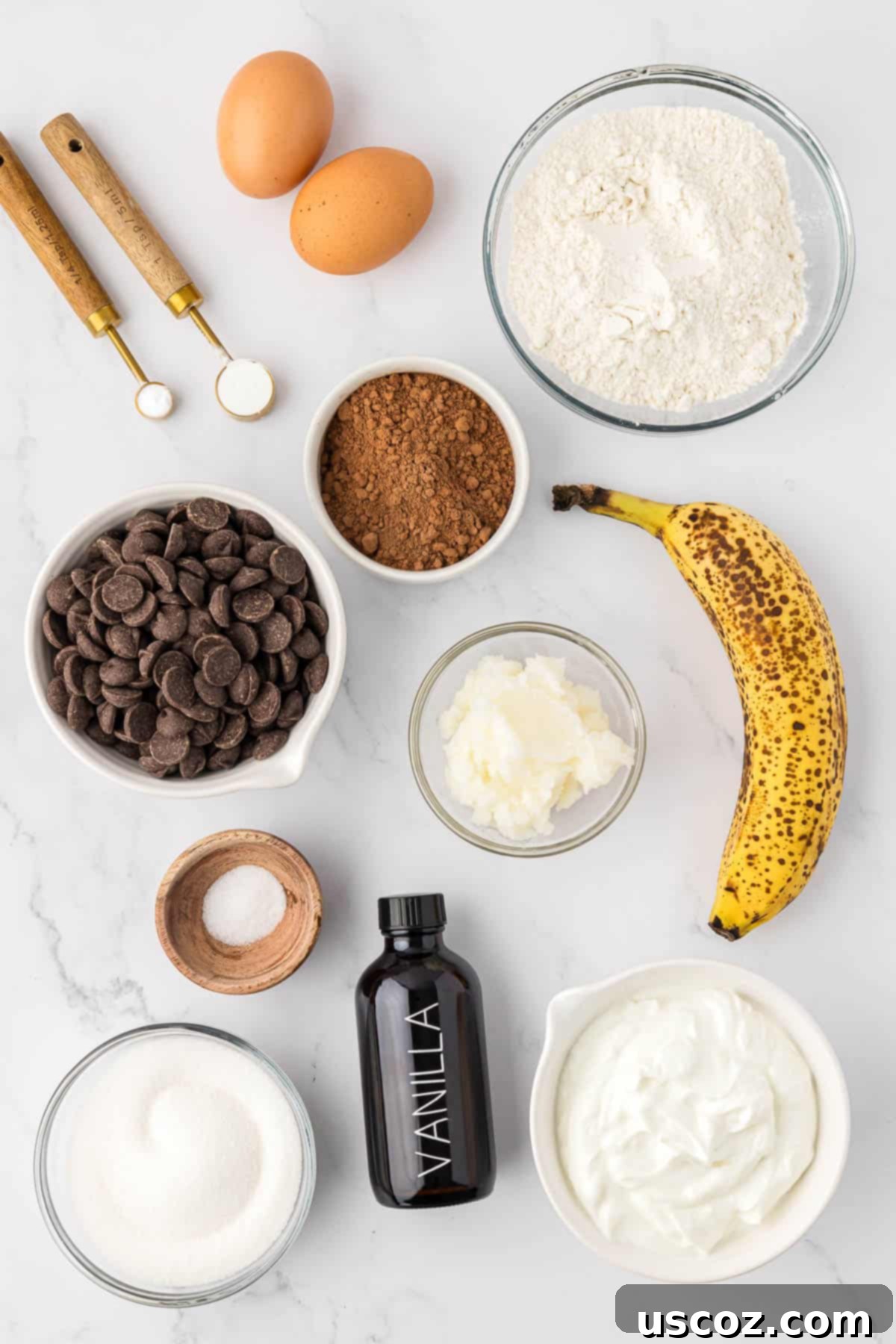 Nourishing Chocolate Muffins 4 Various ingredients laid out for making healthy chocolate muffins